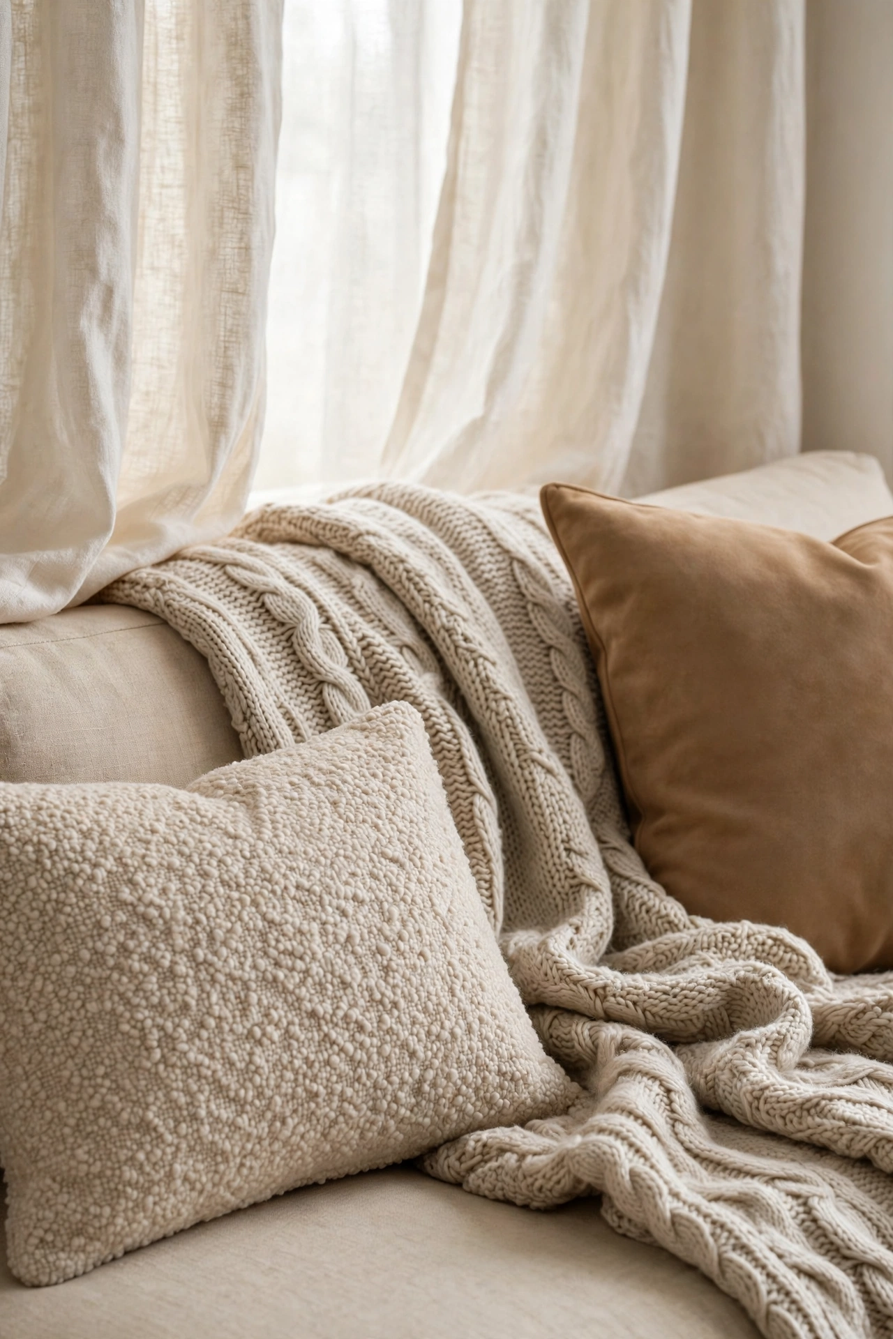 Warm neutral color palette detail with cream linen, beige boucle and oatmeal knit textures