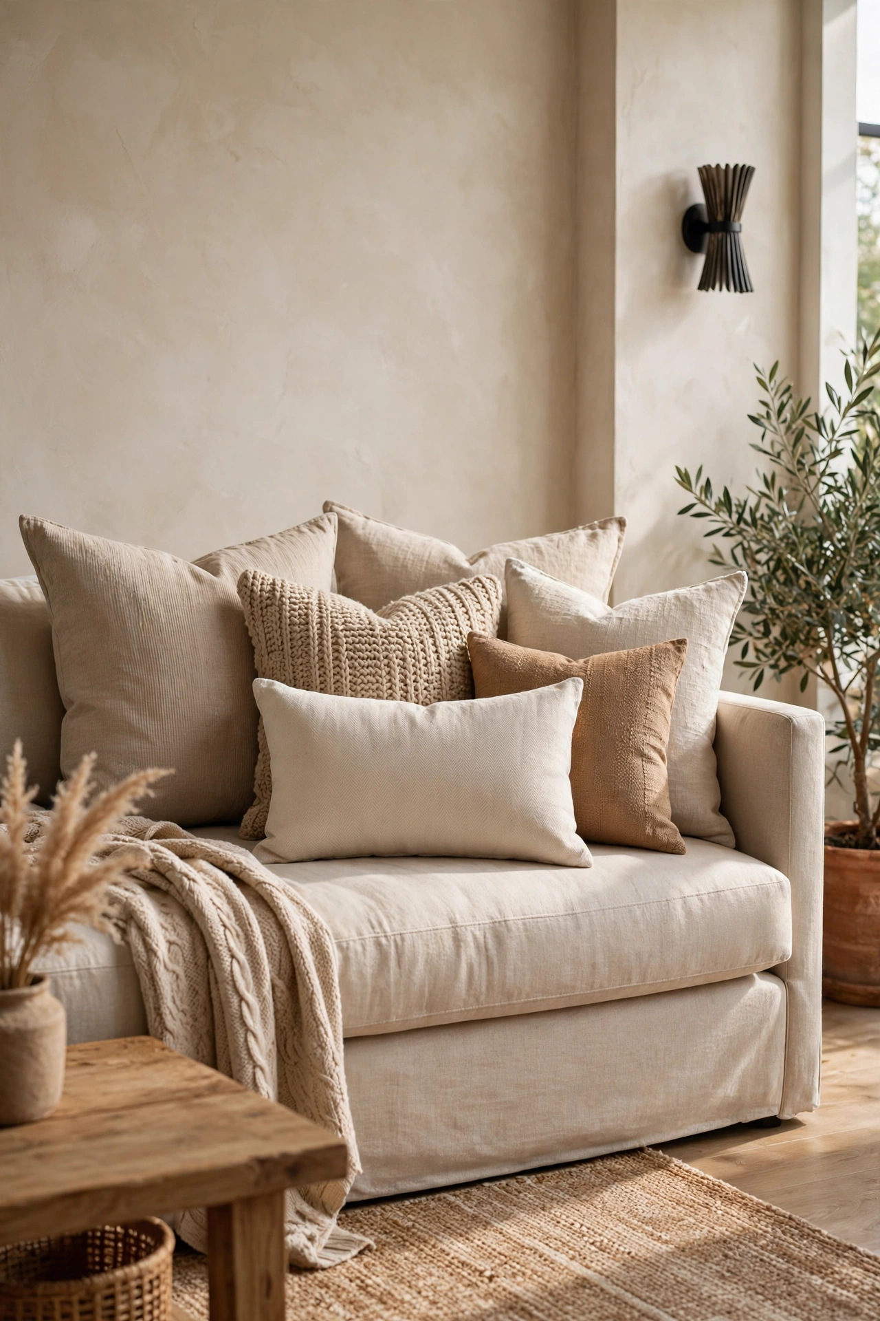 A couch styled with layered throw pillows in warm neutral tones