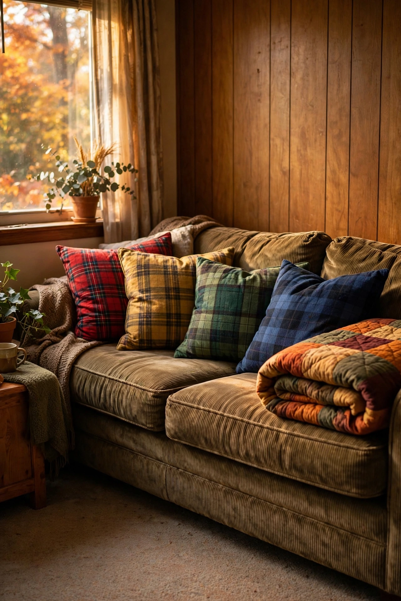 Corduroy couch with a mix of plaid flannel throw pillows in red, mustard, green and navy