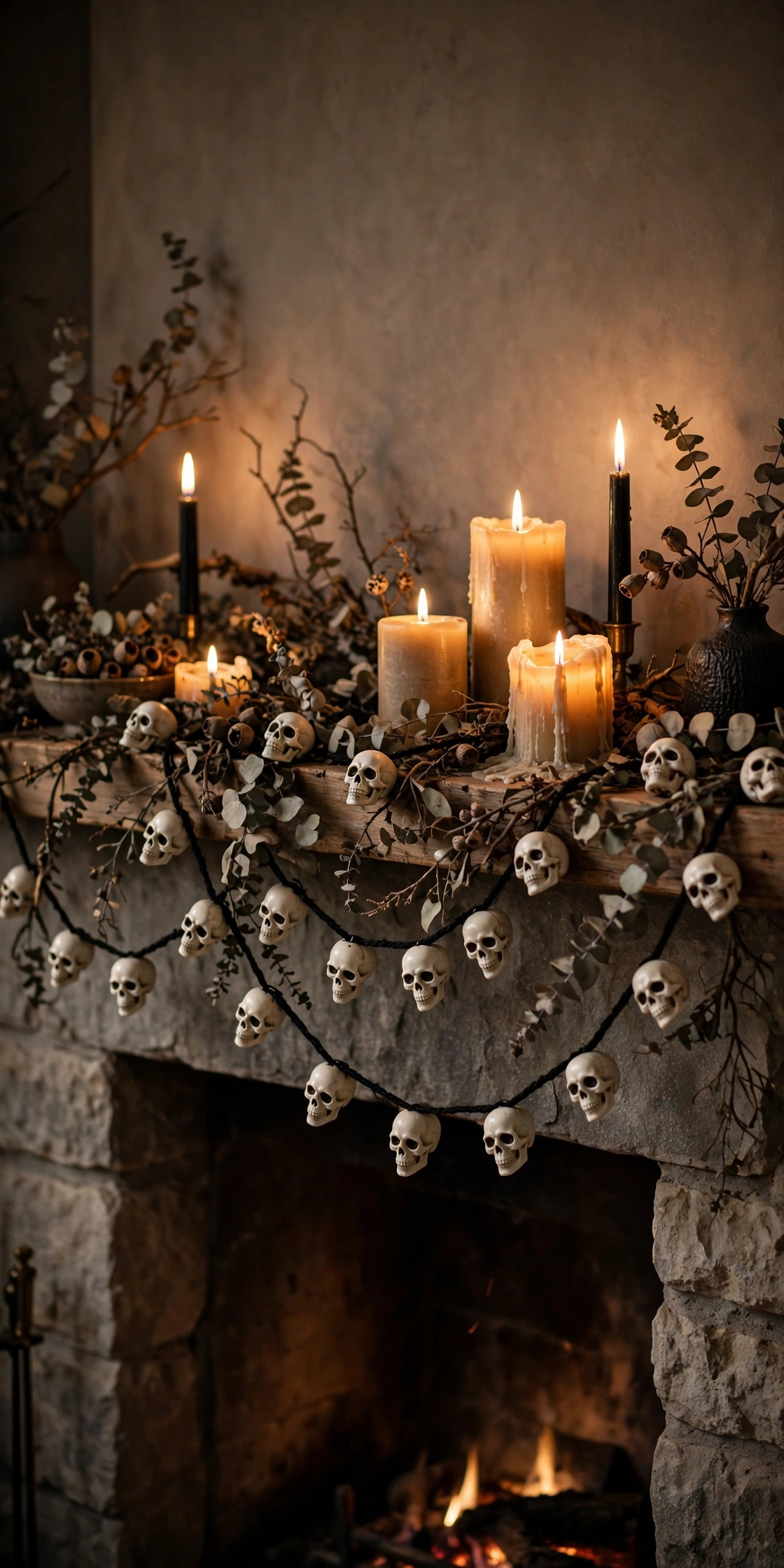 String of small white plastic skulls on black twine draped across a fireplace mantel