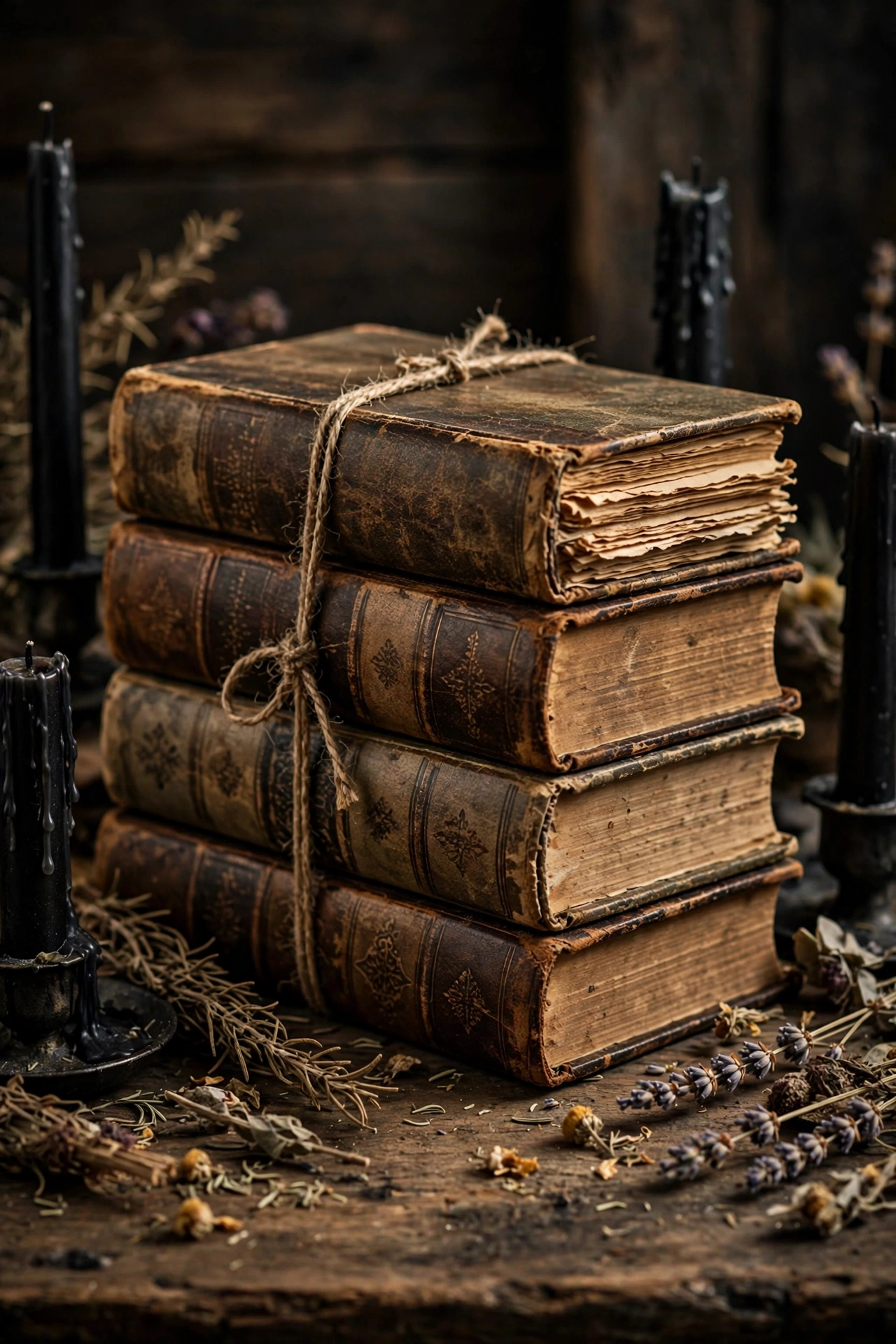 Stack of aged spell books tied with twine on a wooden table with candles