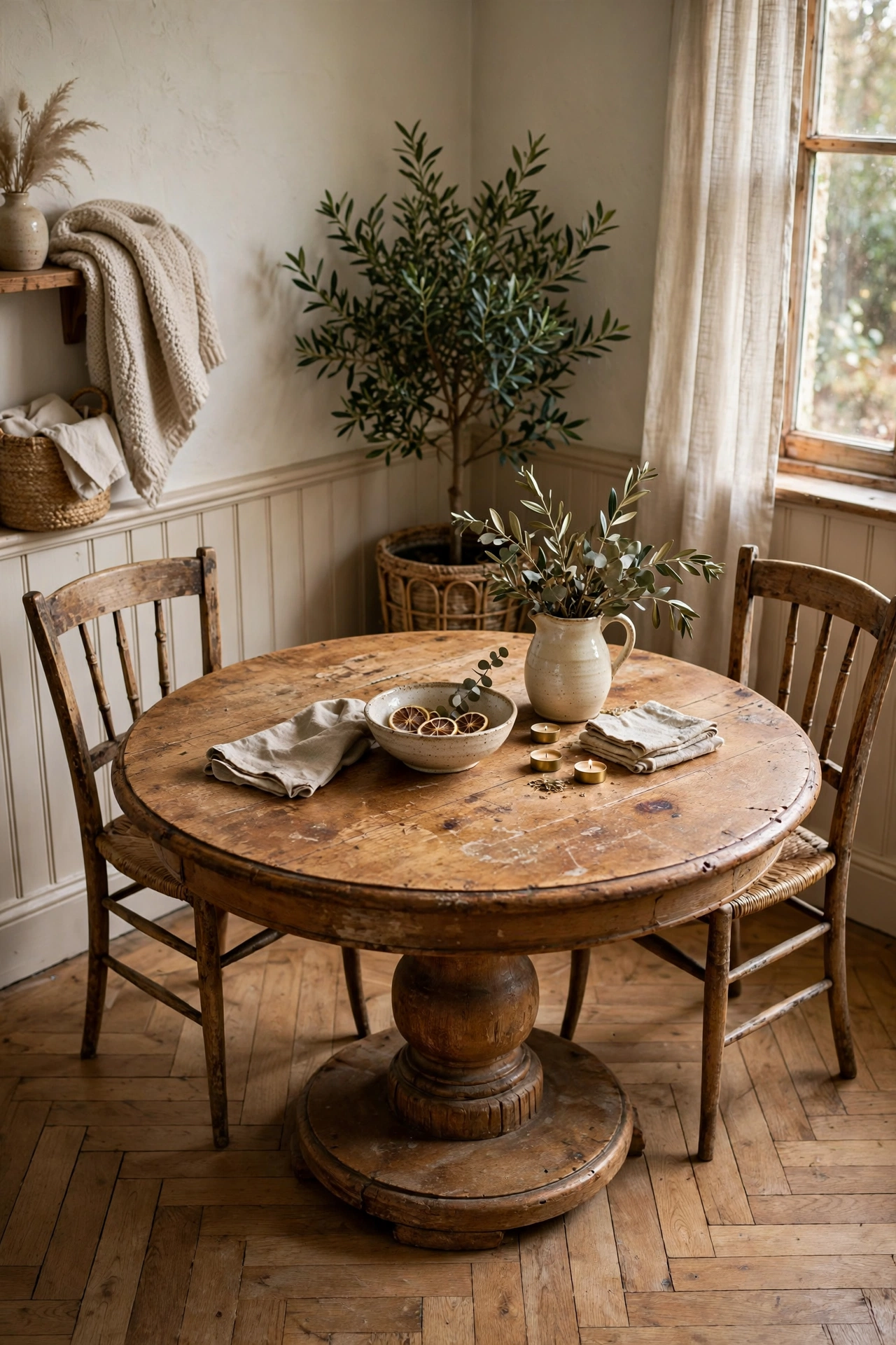 Round oak pedestal table in a cozy dining corner