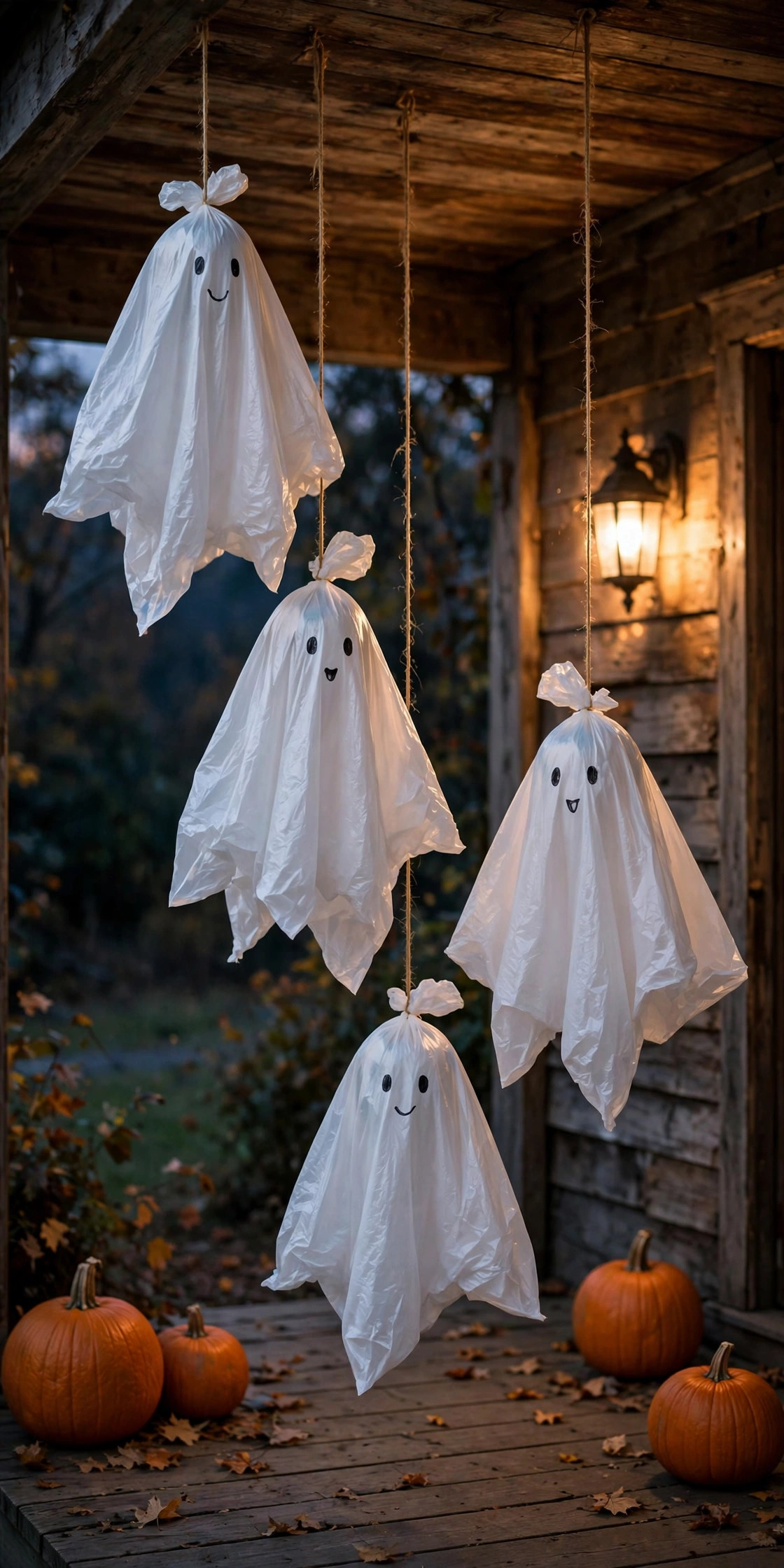 White trash bag ghosts with simple faces hanging from a porch ceiling