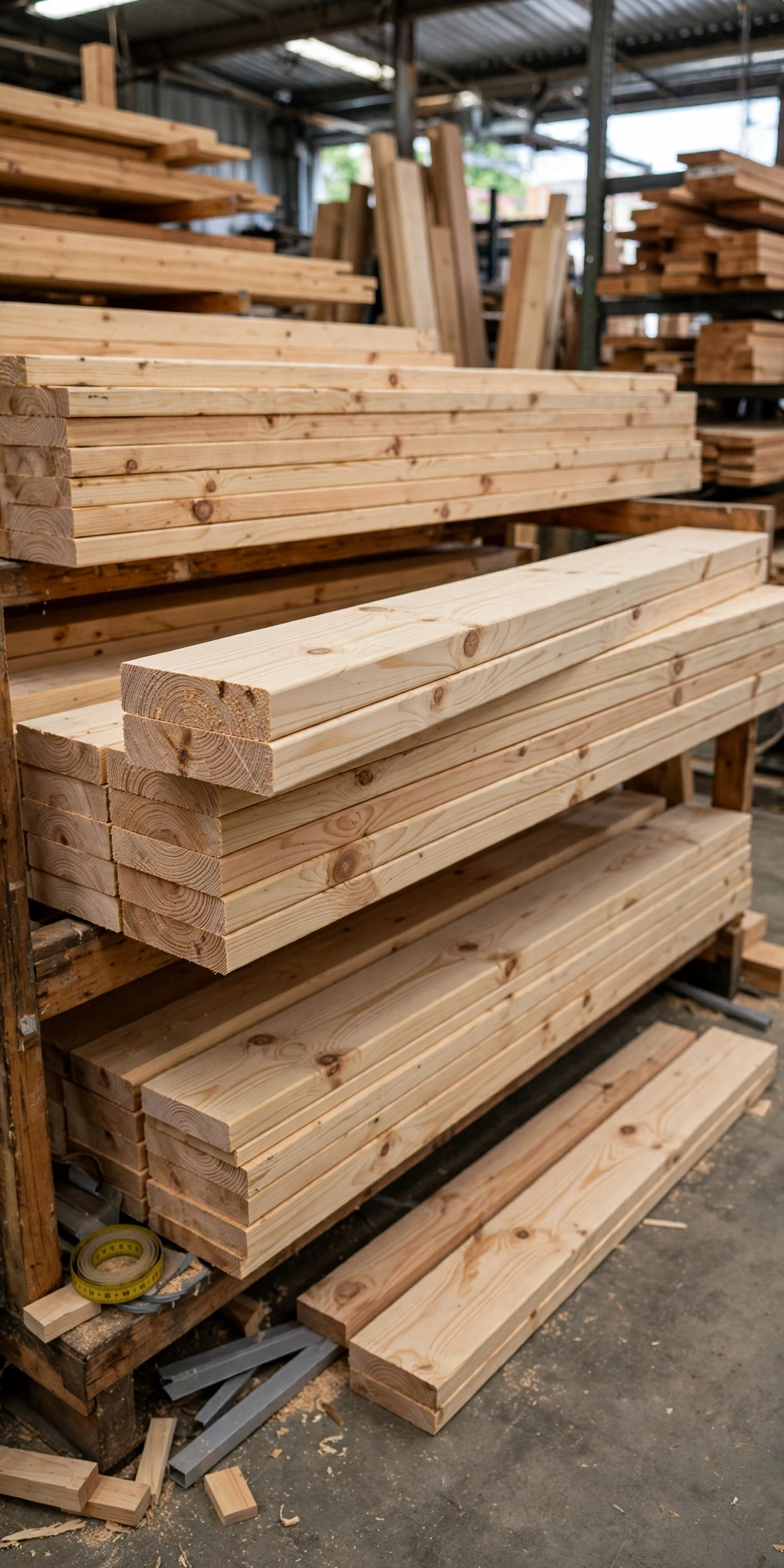 Straight pine boards being selected at a lumber store for DIY shelves