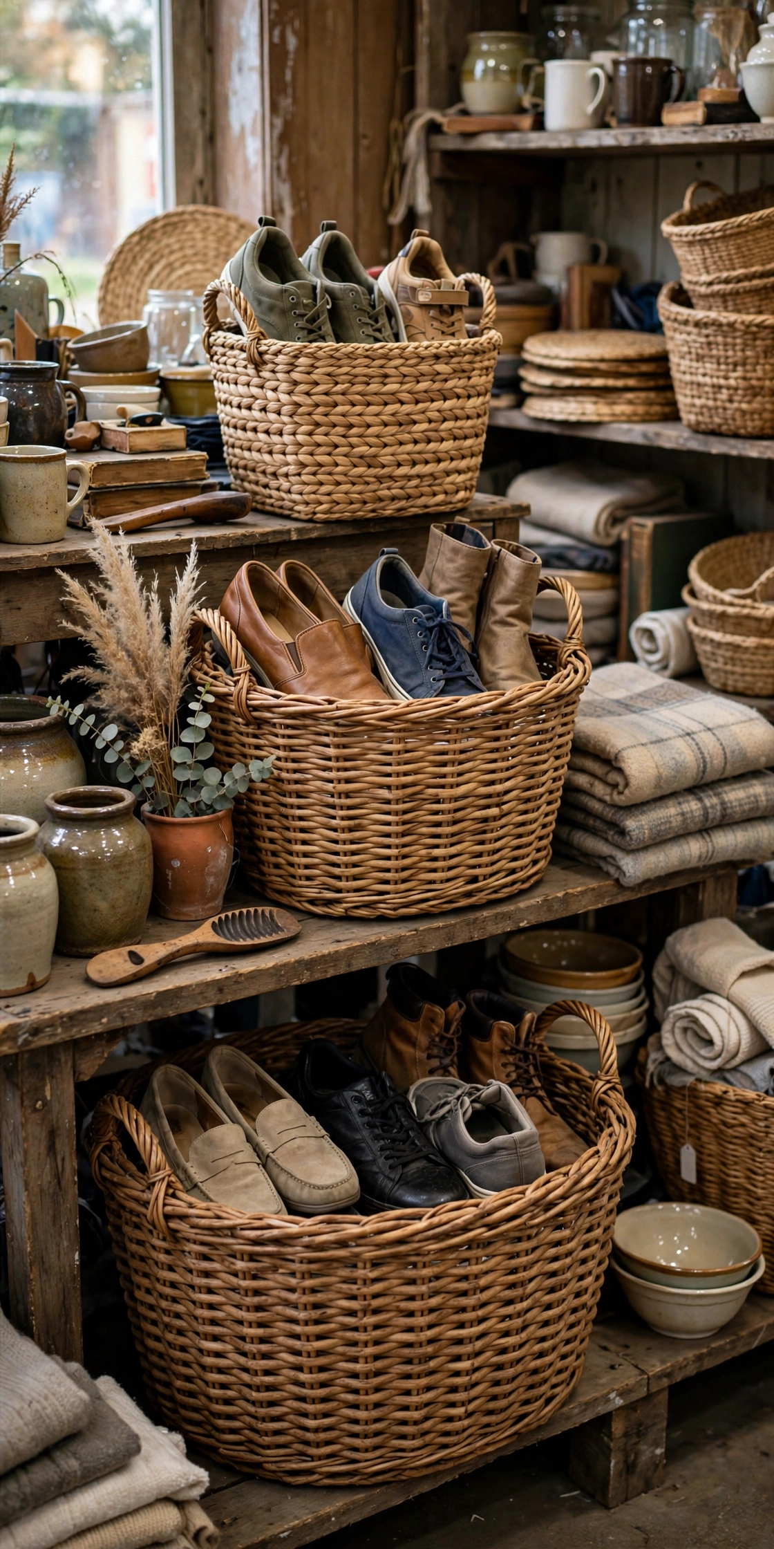 Sturdy woven baskets at a thrift store, perfect for entryway shoe storage