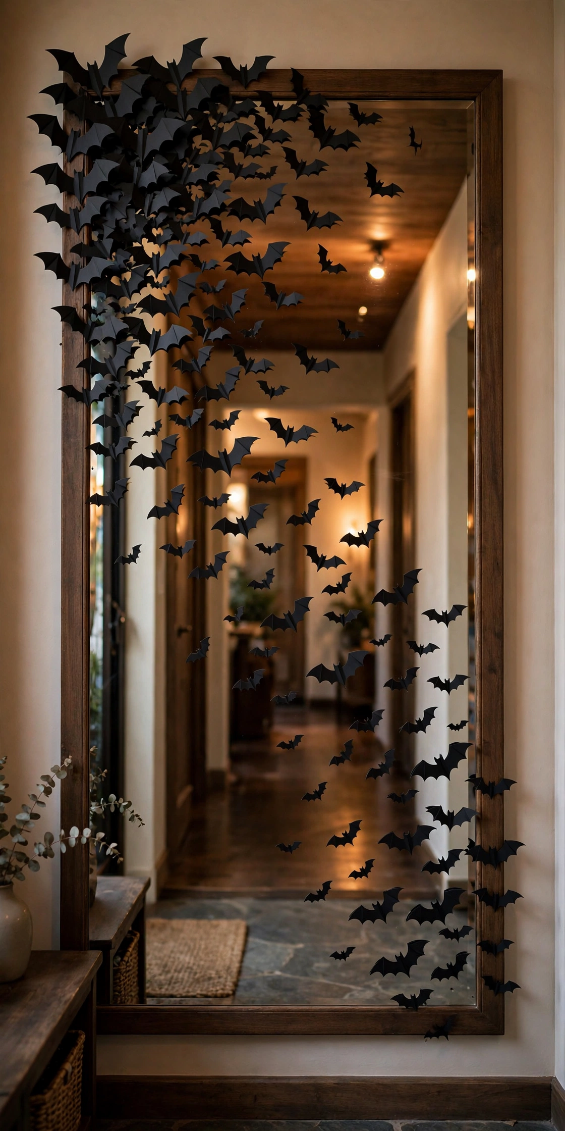 Black bat decals flying across an entryway mirror