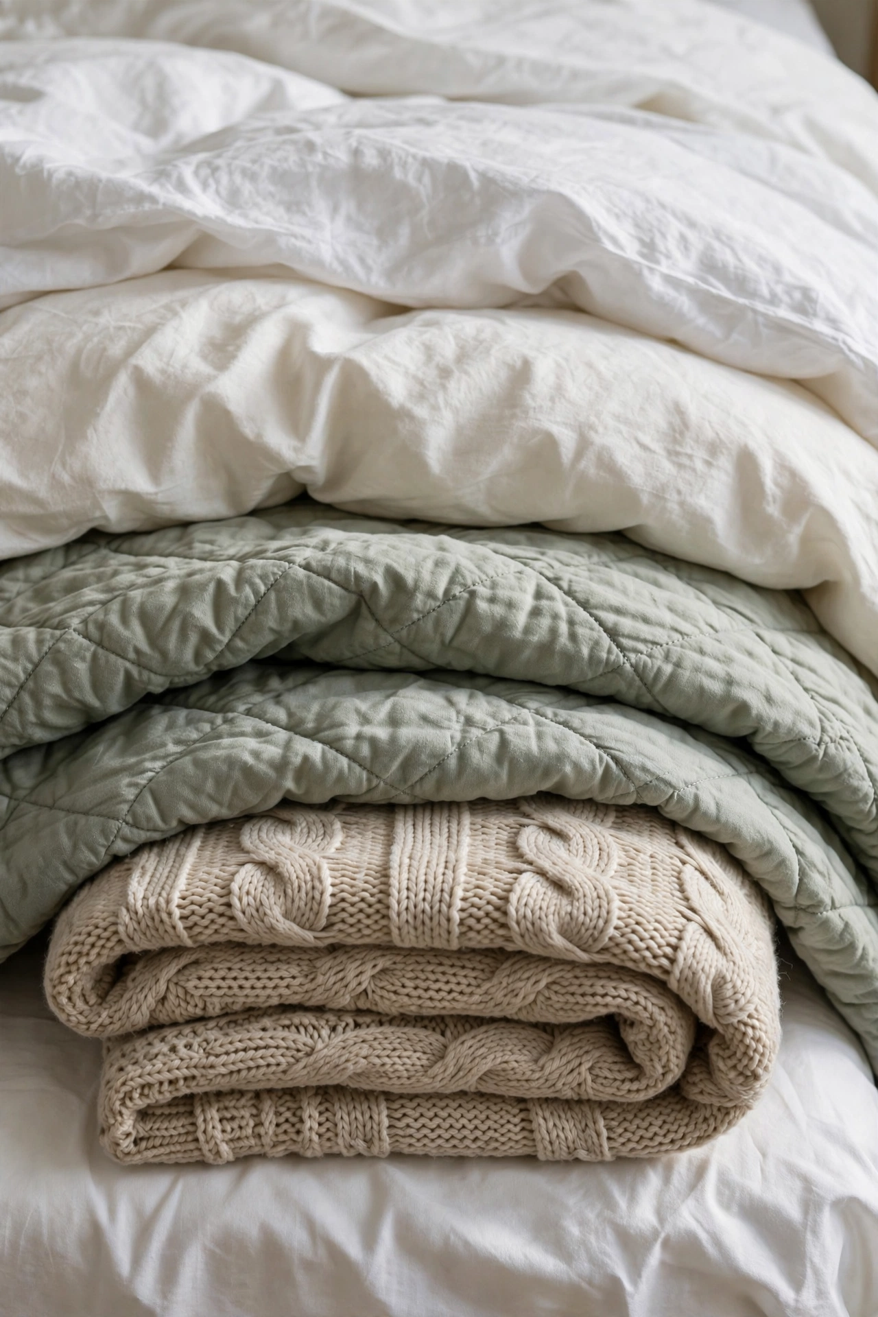 Close-up of layered bedding with cotton sheets, duvet and folded throw blanket