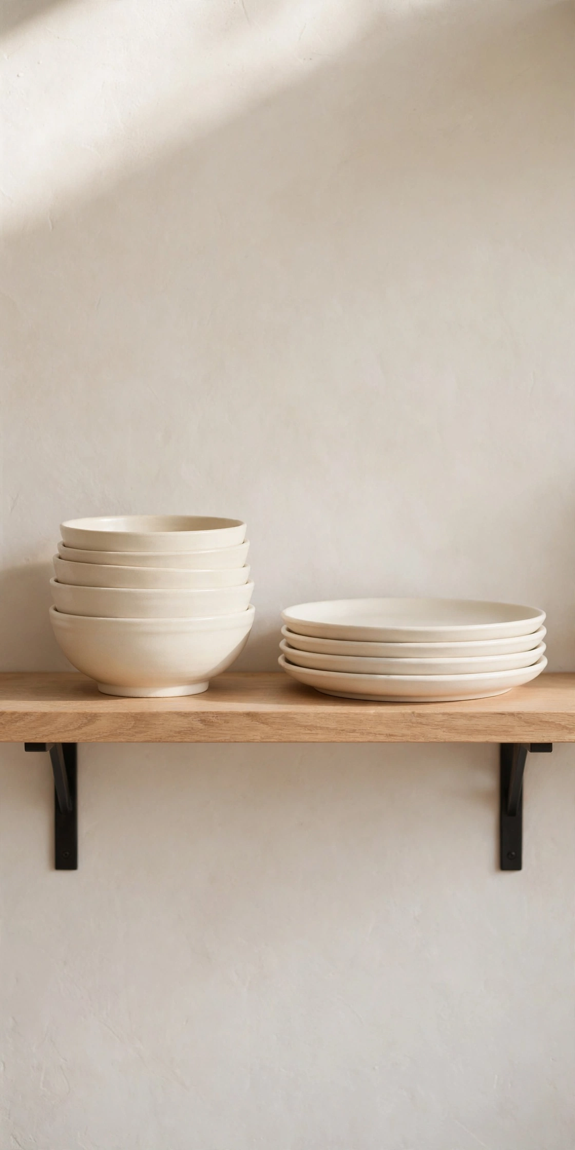 Neat stack of cream bowls and plates displayed on an open kitchen shelf