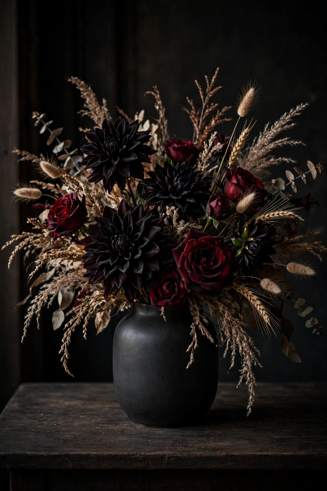 Dark floral arrangement with black dahlias and burgundy roses in a matte black vase