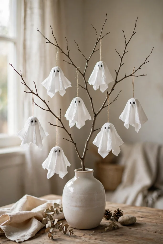 White tissue-paper ghosts hanging at different heights from a branch indoors