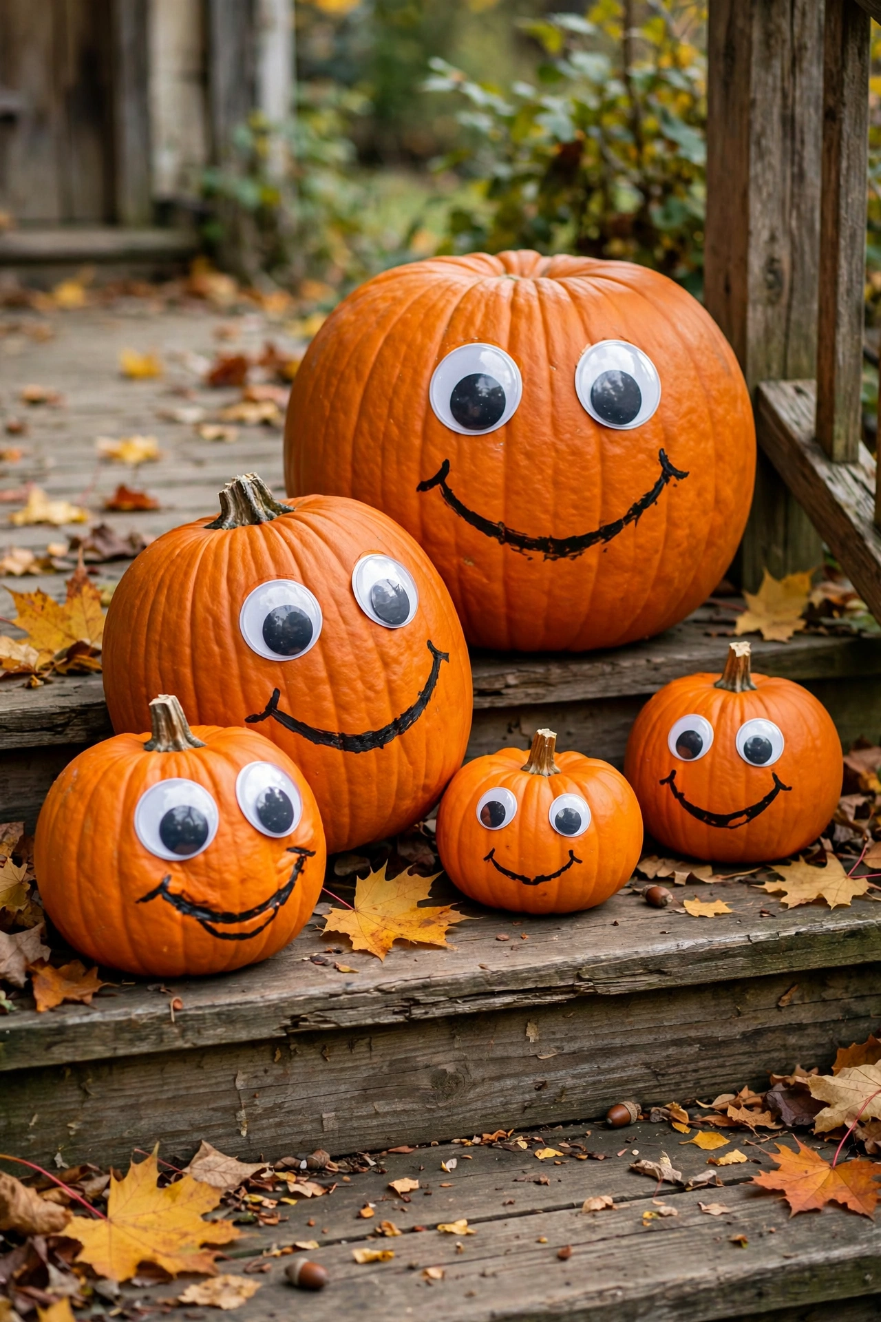 pumpkins of different sizes with big googly eyes and painted smiles on porch steps