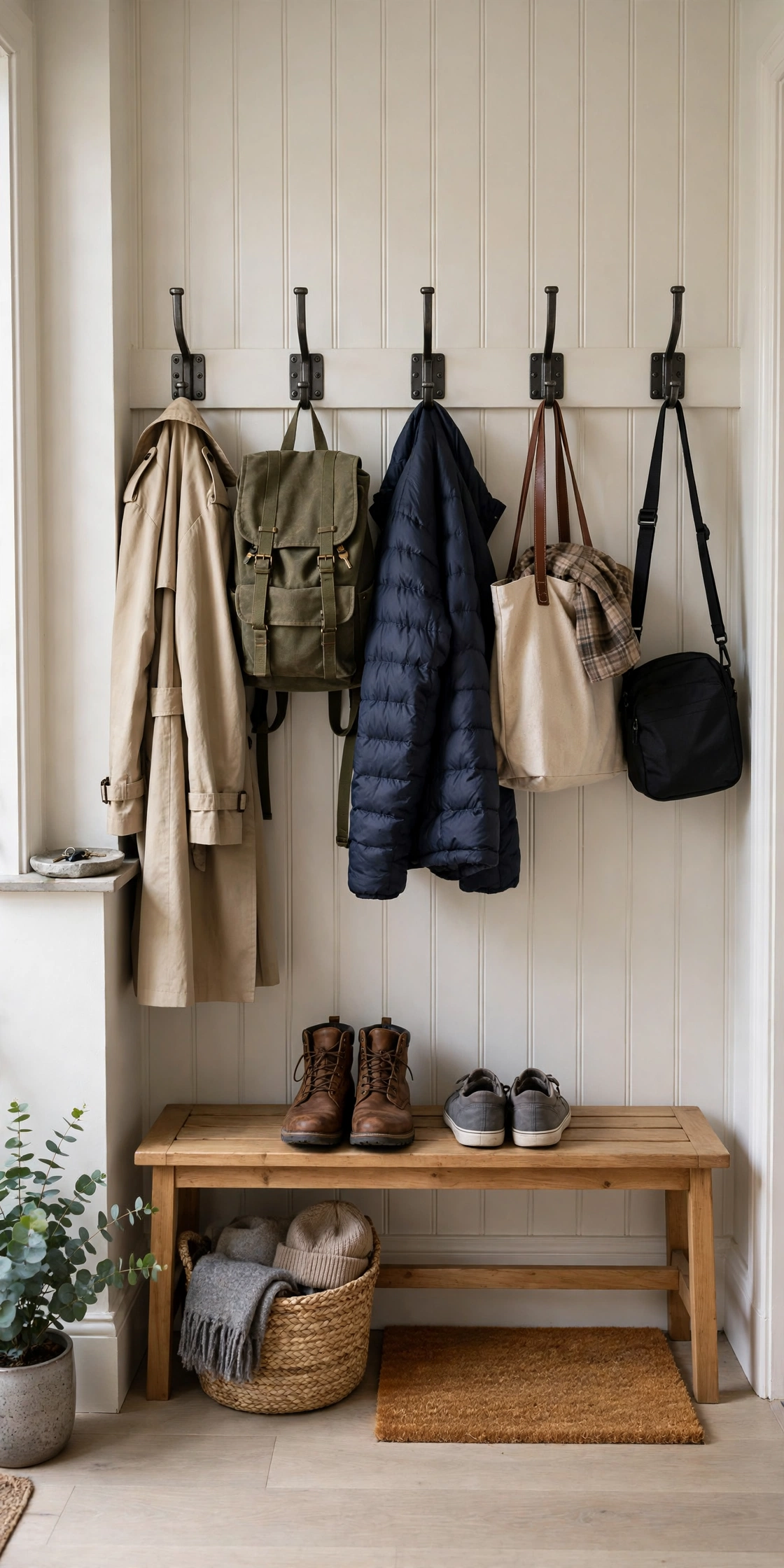 Row of sturdy wall hooks holding coats and bags in an entryway