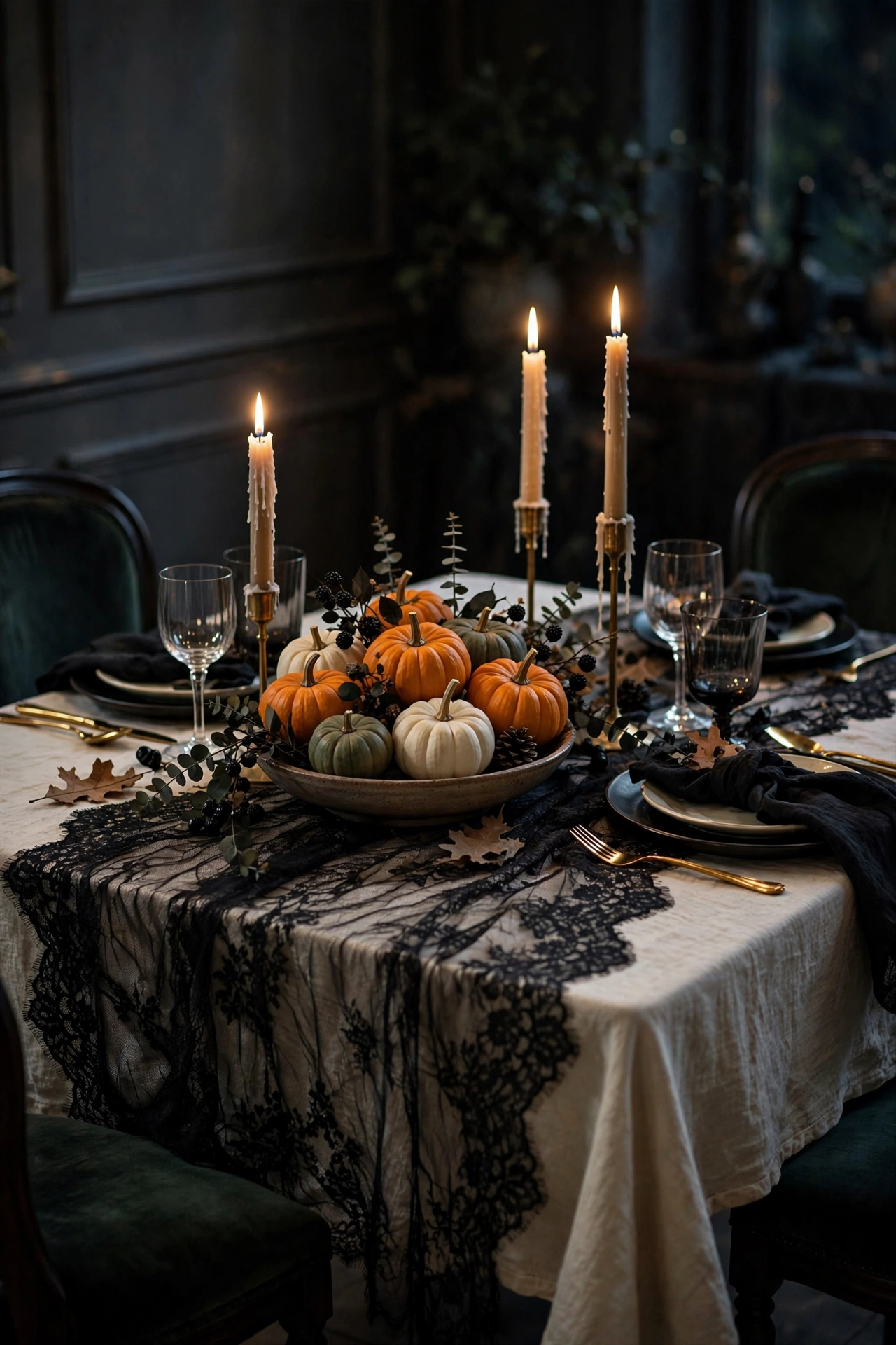 Dining table with black lace tablecloth layered over cream cloth, candles and mini pumpkins