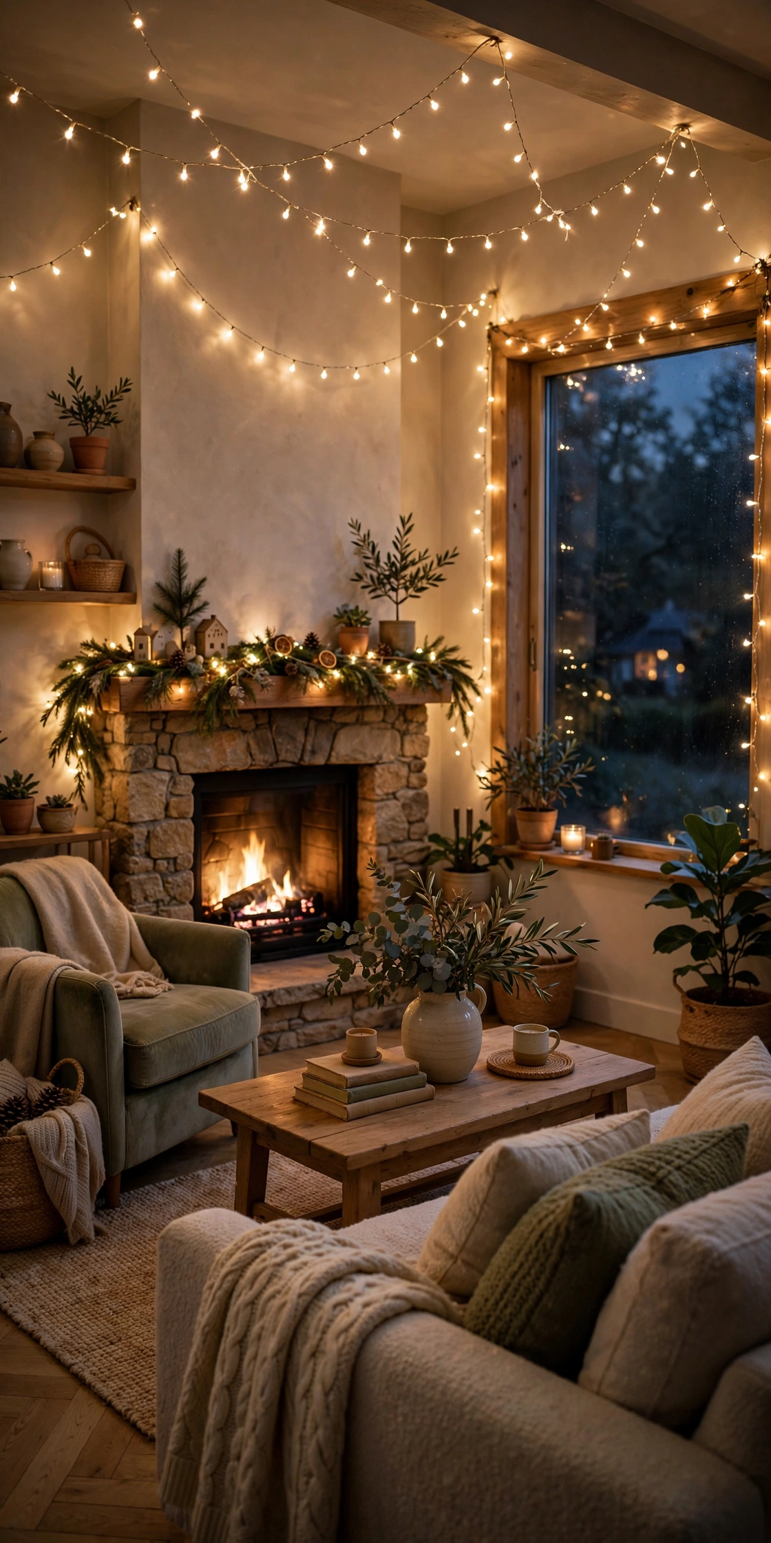 Cozy living room glowing with warm white Christmas string lights in the evening