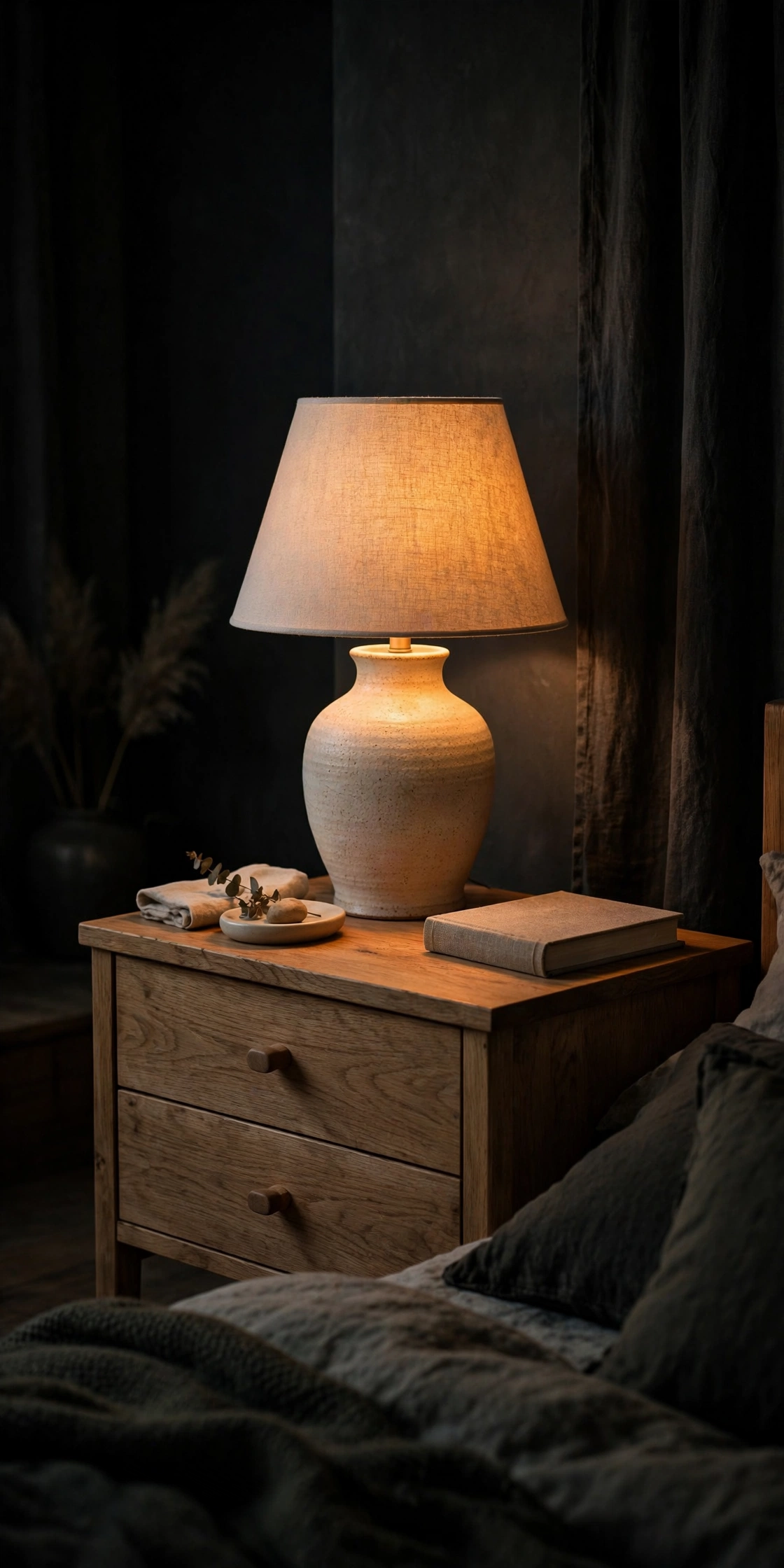 Wooden nightstand with warm glowing ceramic table lamp and linen shade at night