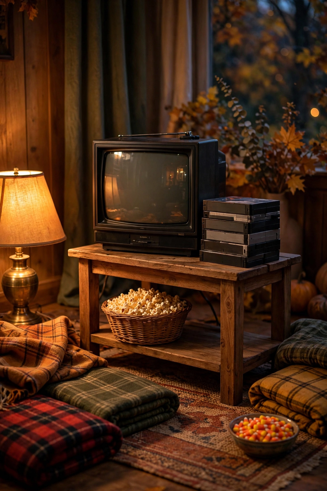 90s movie night corner with a small TV, stack of VHS tapes, popcorn and floor cushions