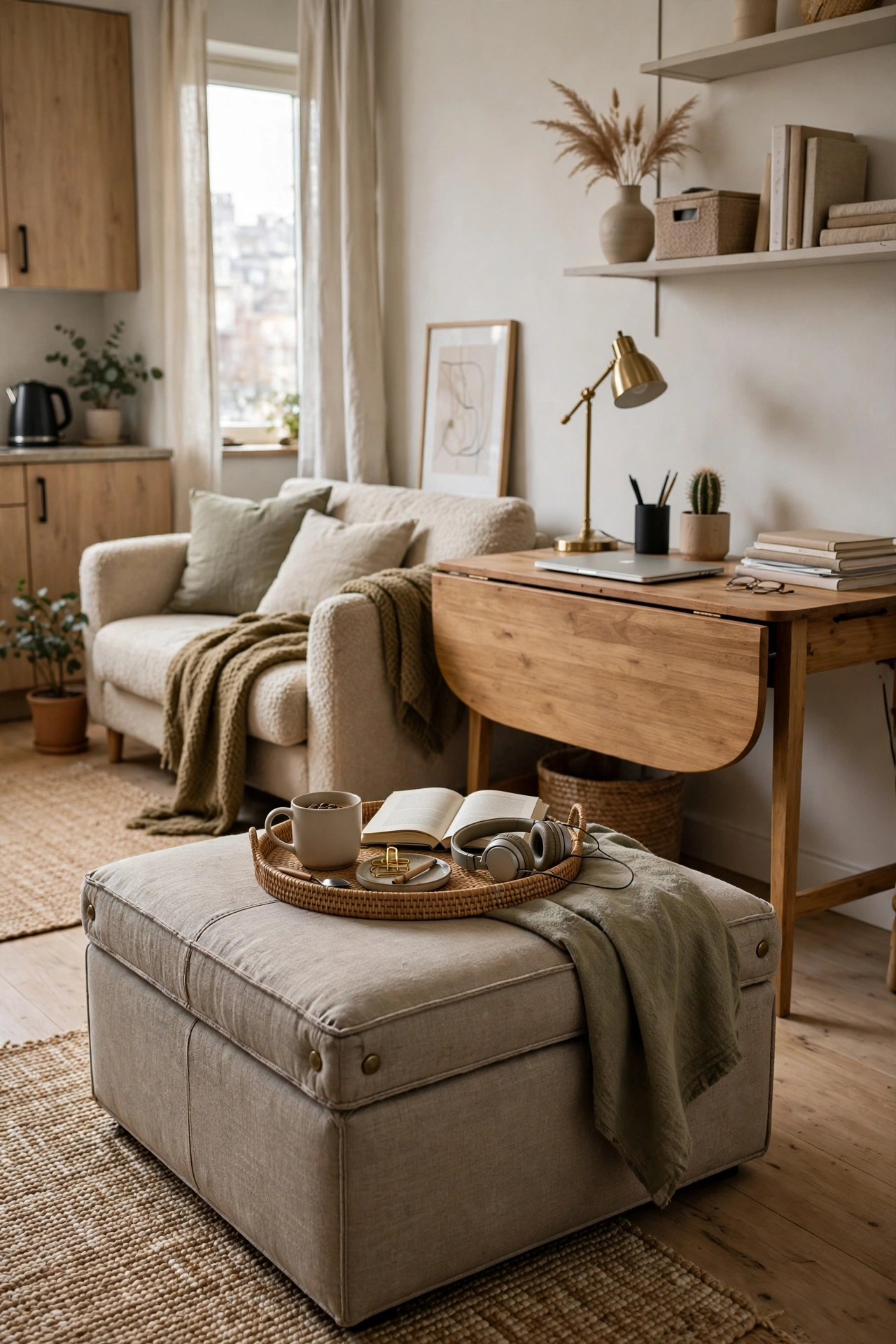 Storage ottoman serving as coffee table and footrest in a studio living zone