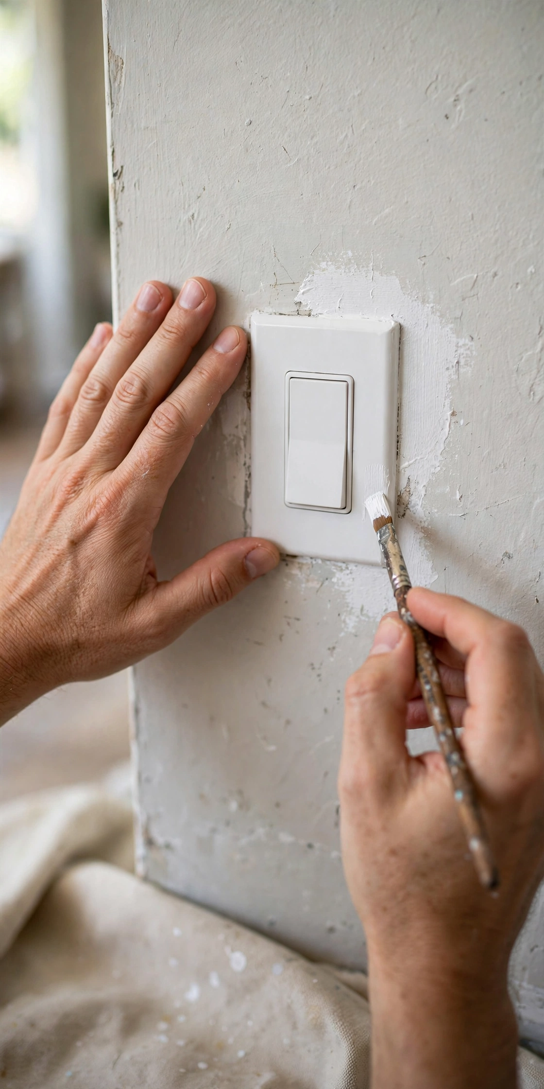 Hands touching up wall paint around a light switch with a small brush