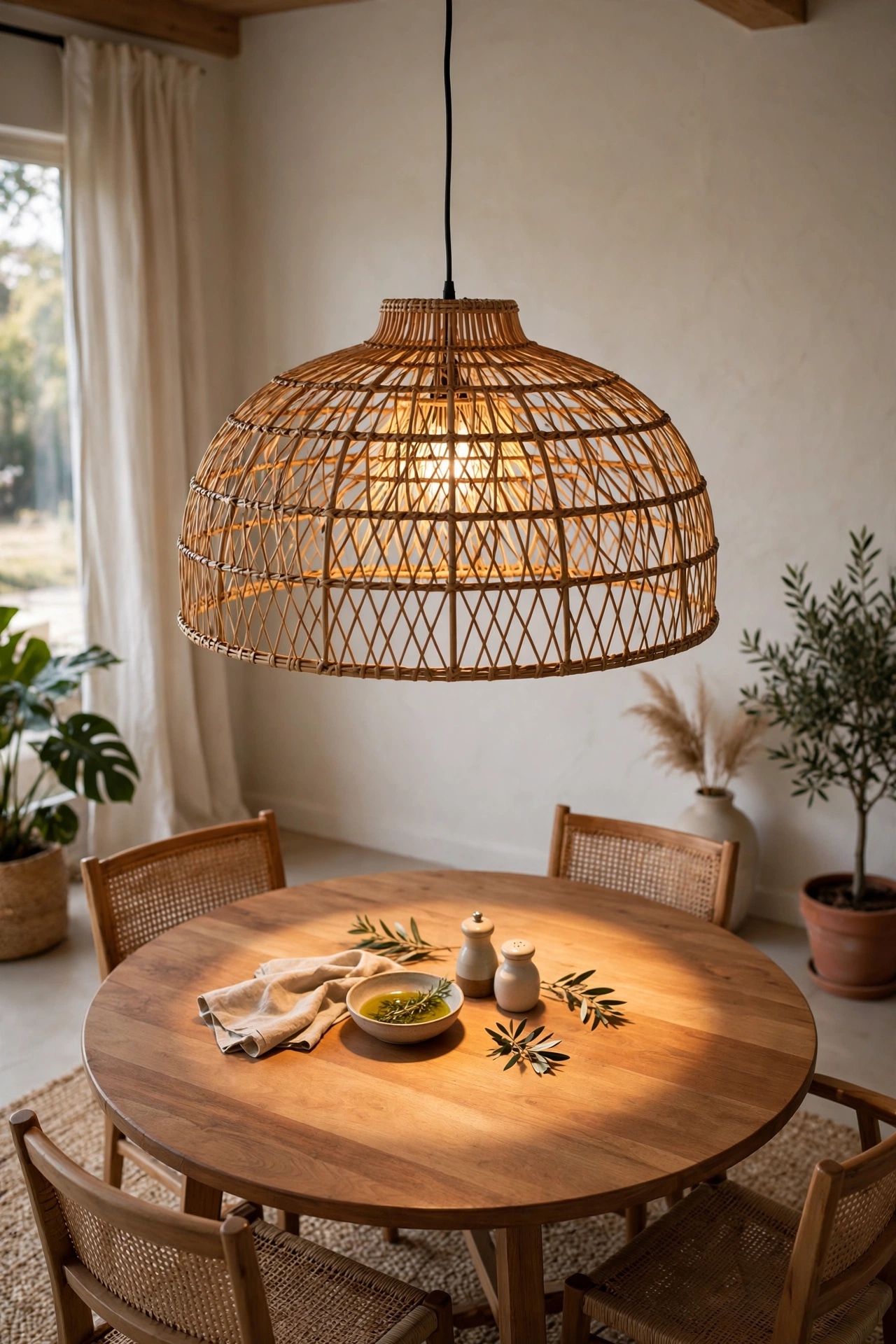 Wide rattan pendant light glowing warmly over a round dining table