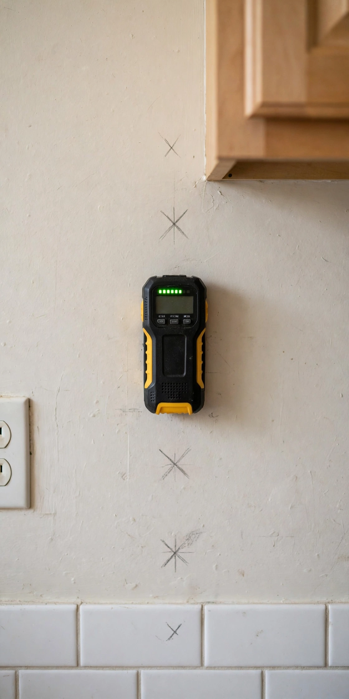 Stud finder on a kitchen wall with pencil marks locating wall studs