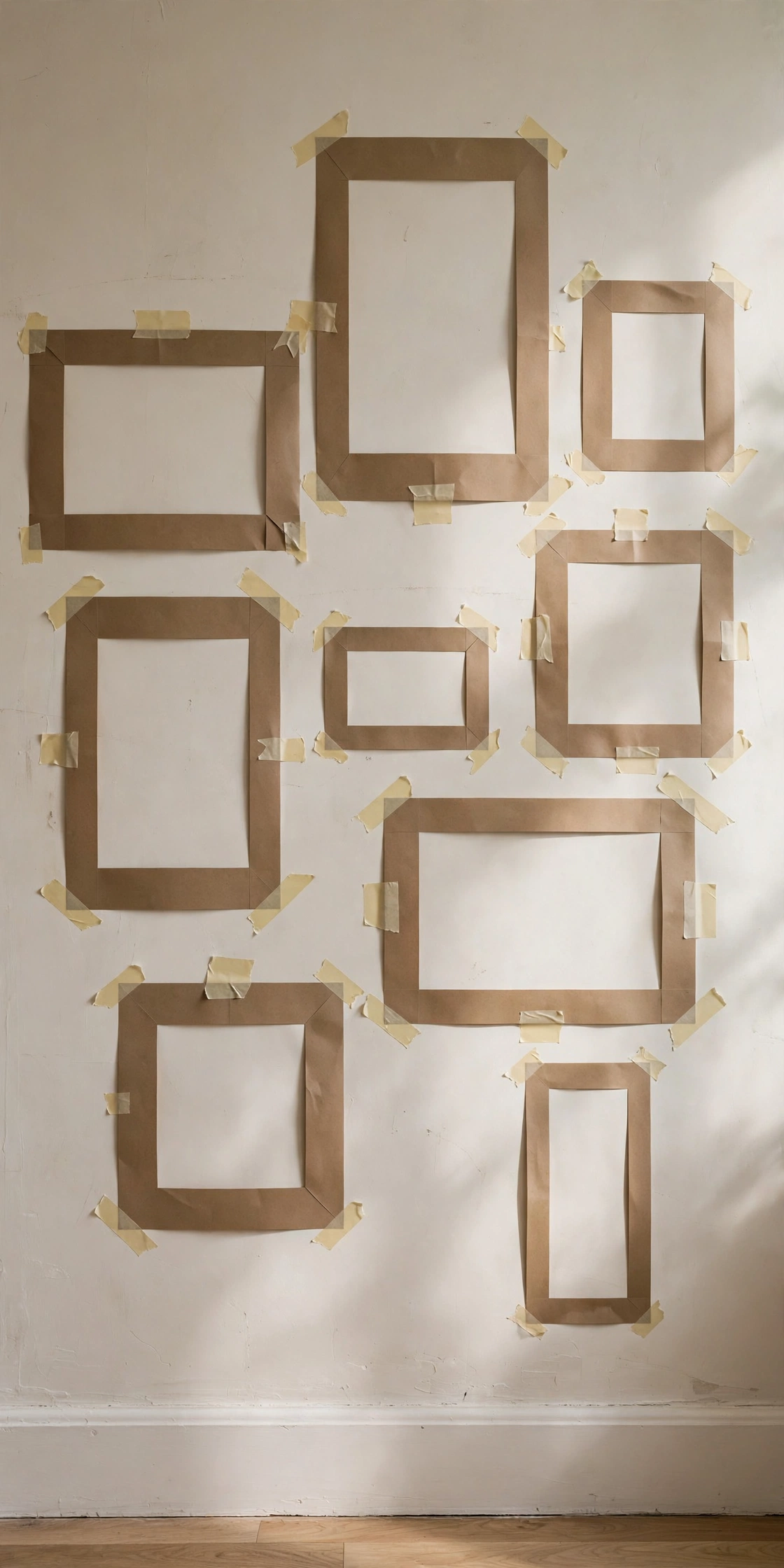 Paper templates of frames taped to a wall with painter's tape for planning