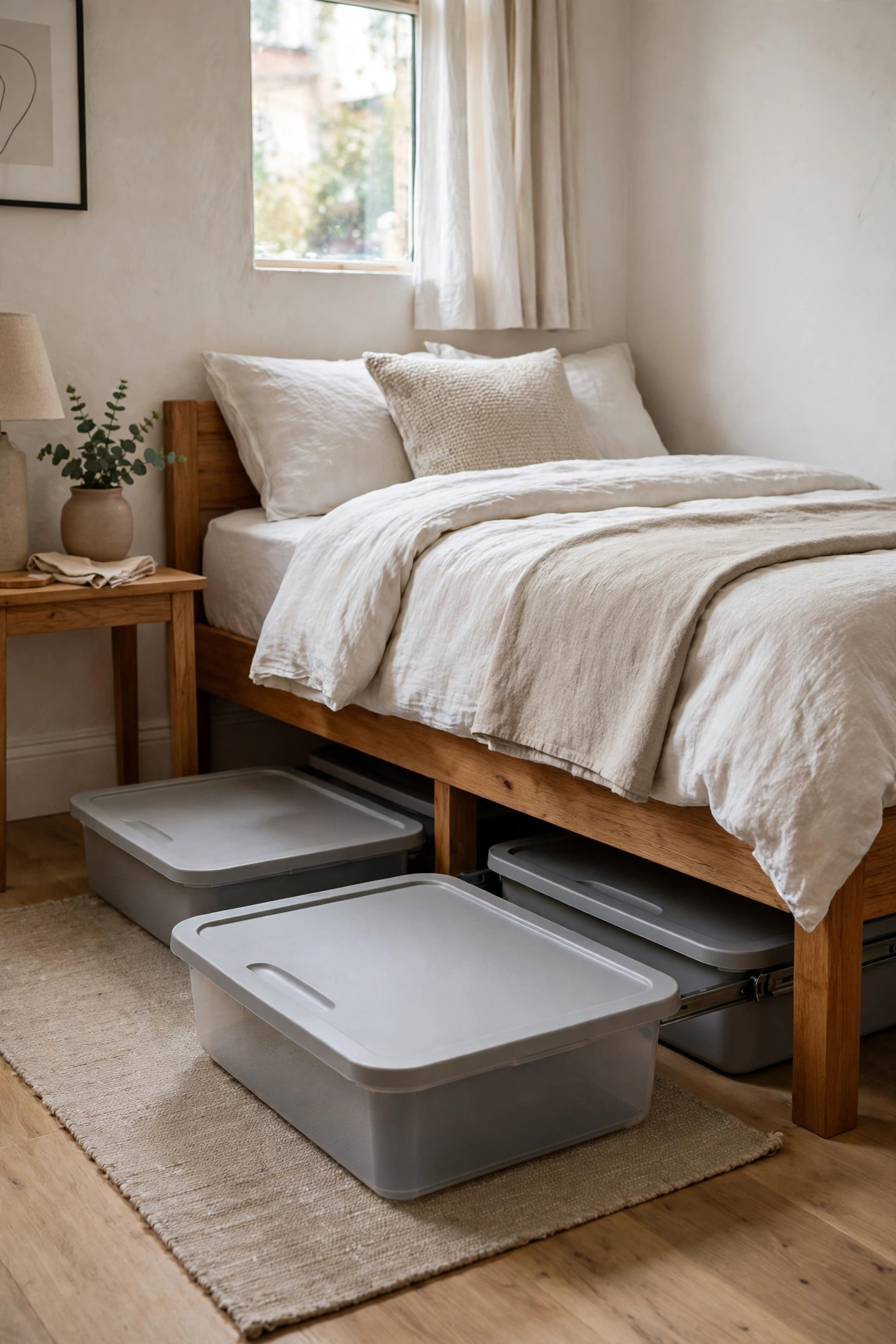 Low flat storage bins sliding under a bed frame, hidden bedroom storage