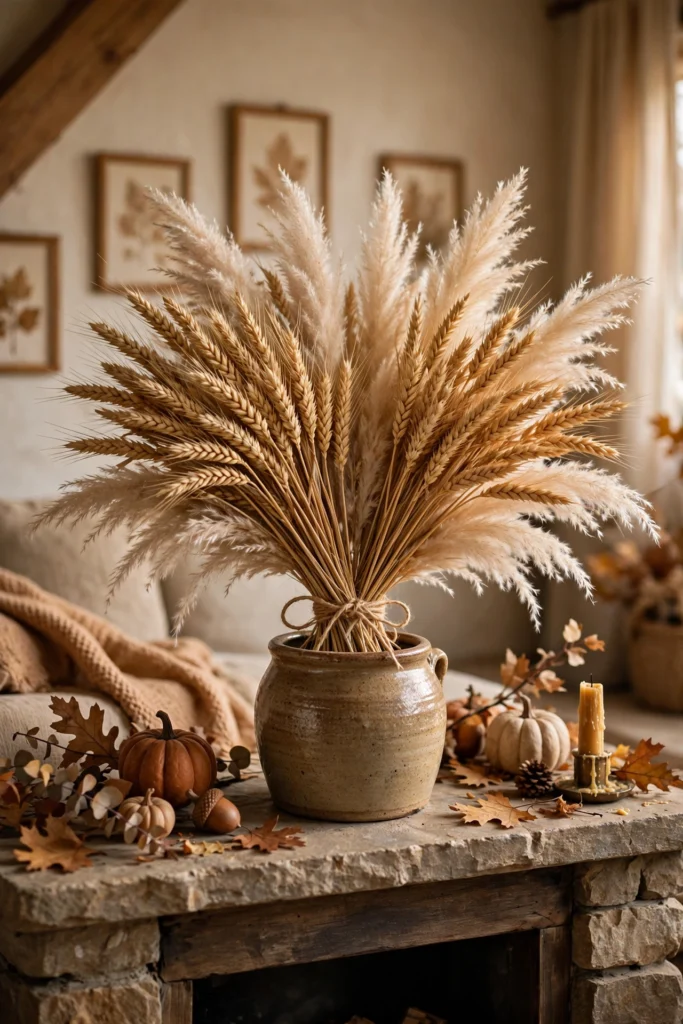dried wheat and pampas grass bundle in a ceramic crock on a fall mantel