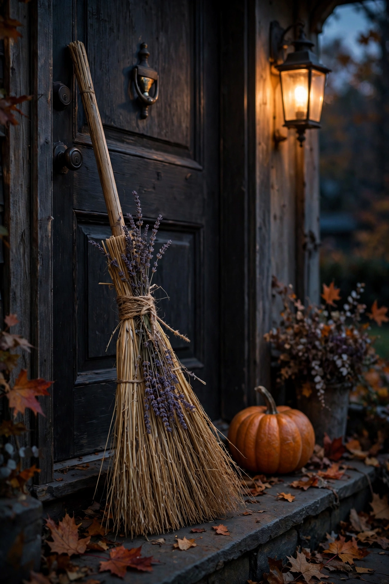 Straw witch broom tied with twine and dried lavender leaning by a front door