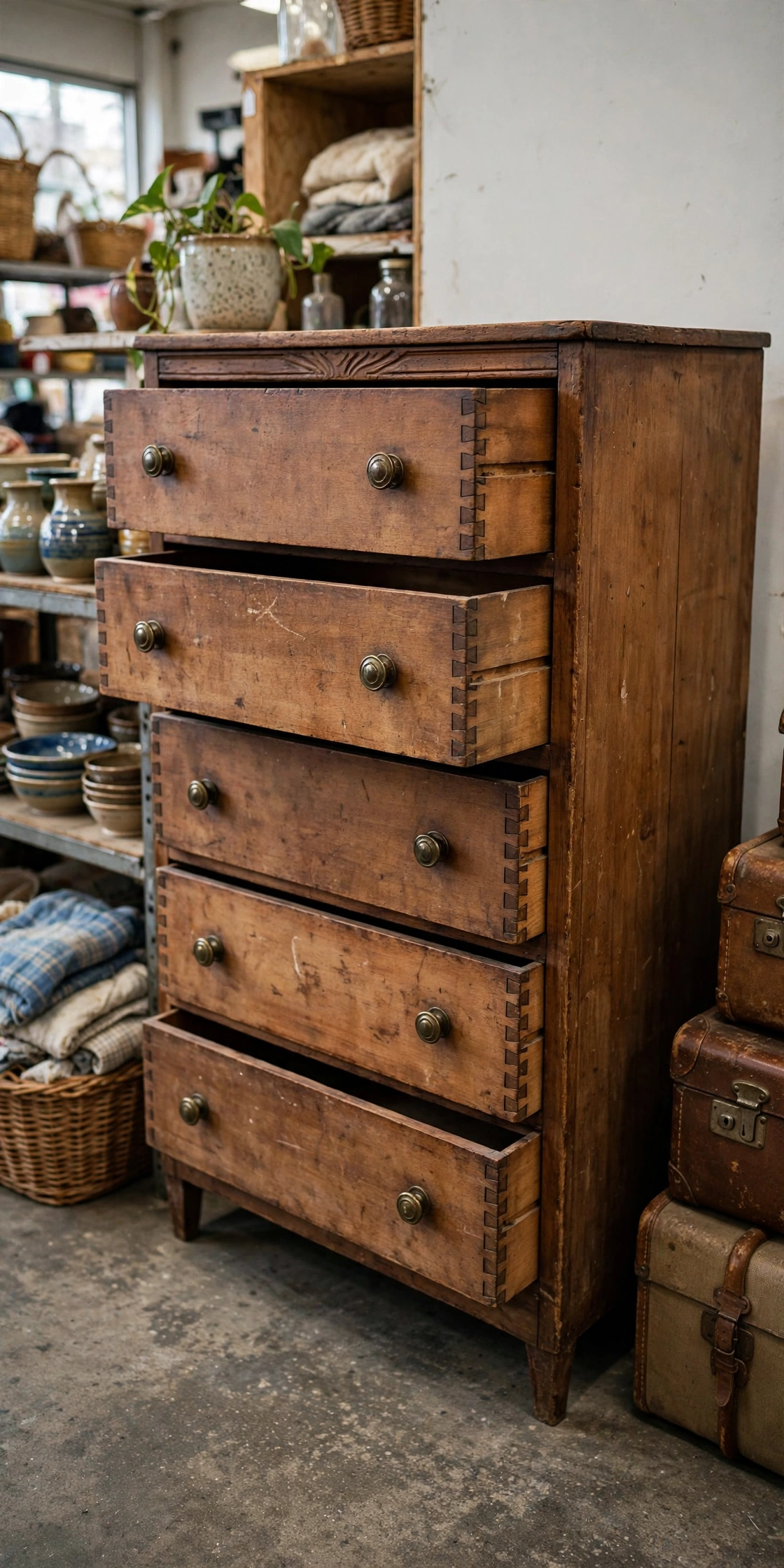 Solid wood vintage dresser at a thrift store, sturdy with dovetail drawers