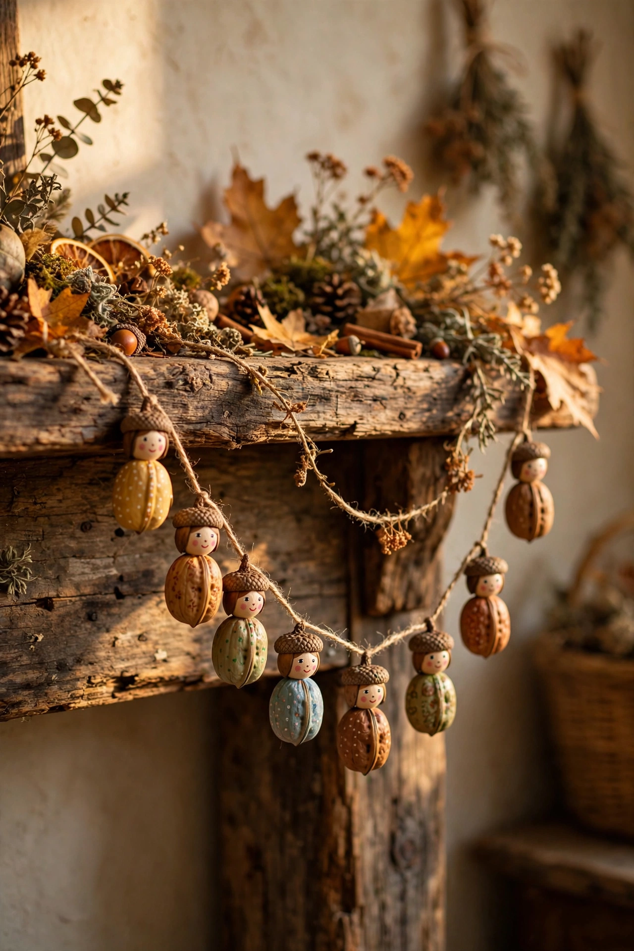 garland of painted walnut acorn people with acorn cap hats strung on twine across a mantel