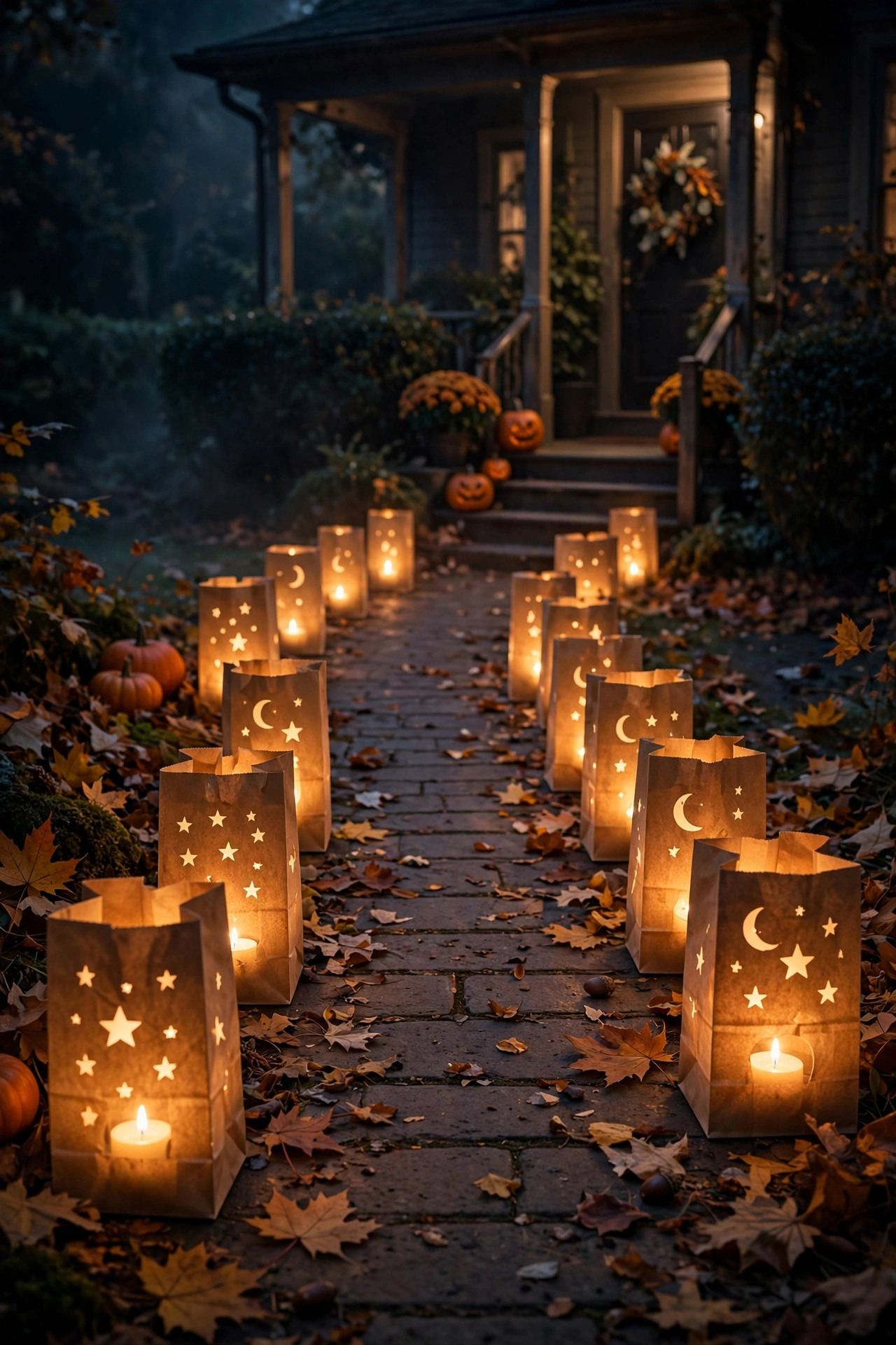 Brown paper bag luminaries with cutout stars glowing along a front walkway at night