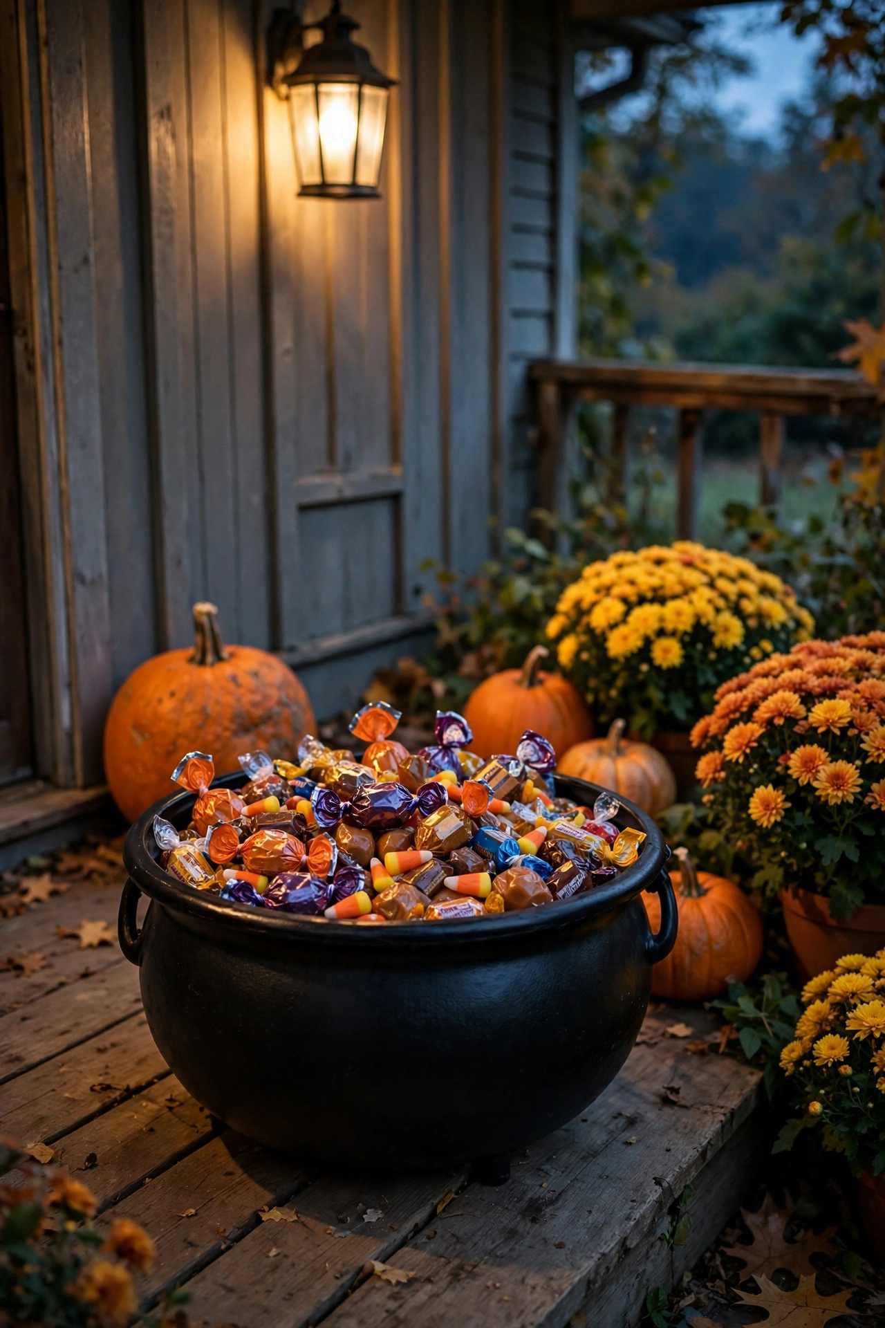 Black cauldron filled with candy on a porch beside pumpkins