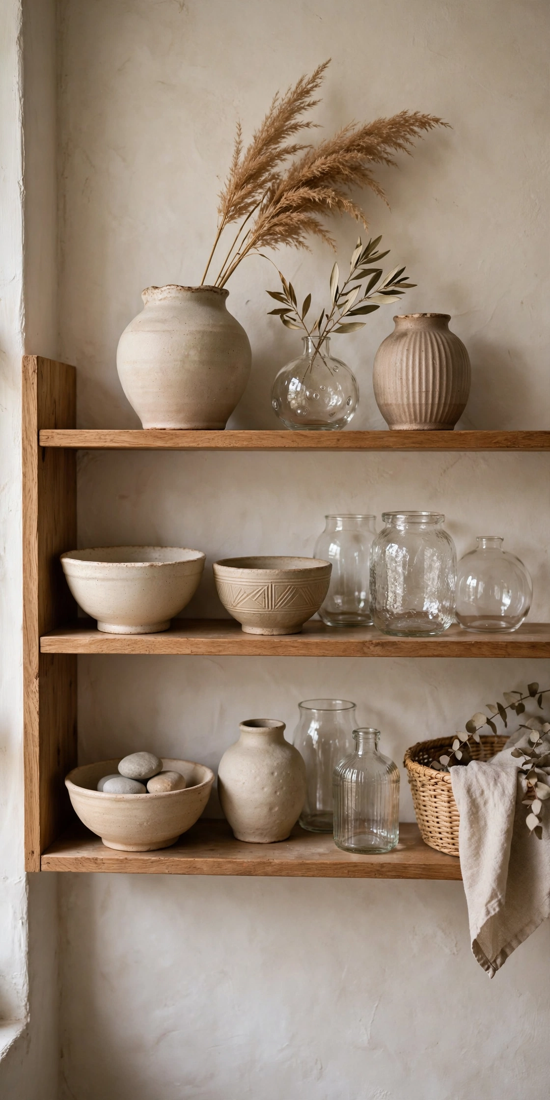 Styled shelf with thrifted pottery vases, bowls and glass vessels