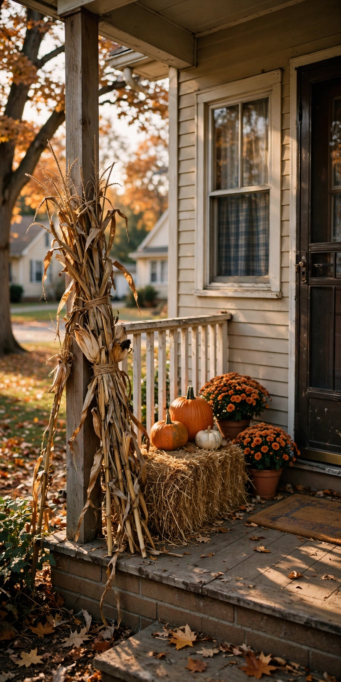 Bundle of dried corn stalks tied with twine beside a hay bale and pumpkins on a front porch