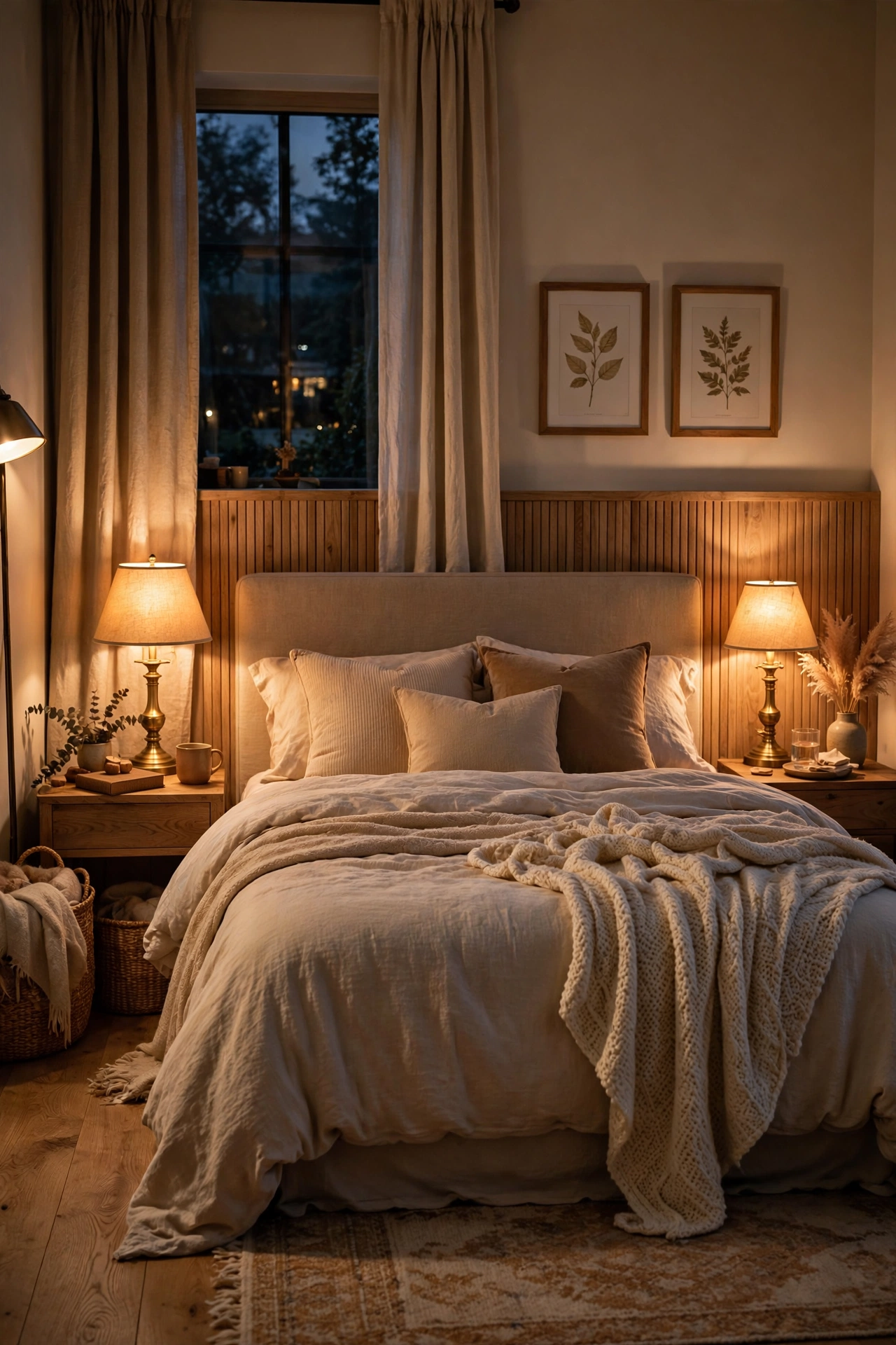 A bedroom glowing with warm lamplight in the evening