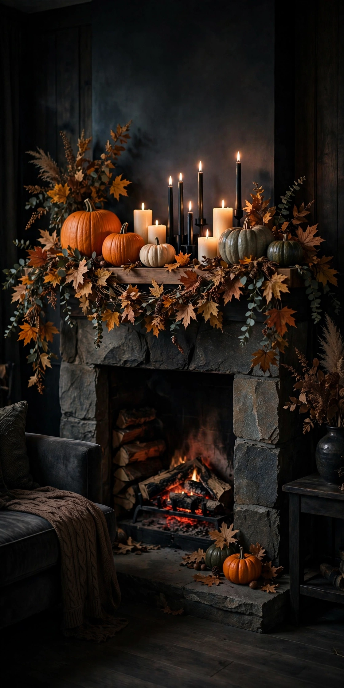 Fireplace mantel styled with garland, pumpkins, and candles at different heights