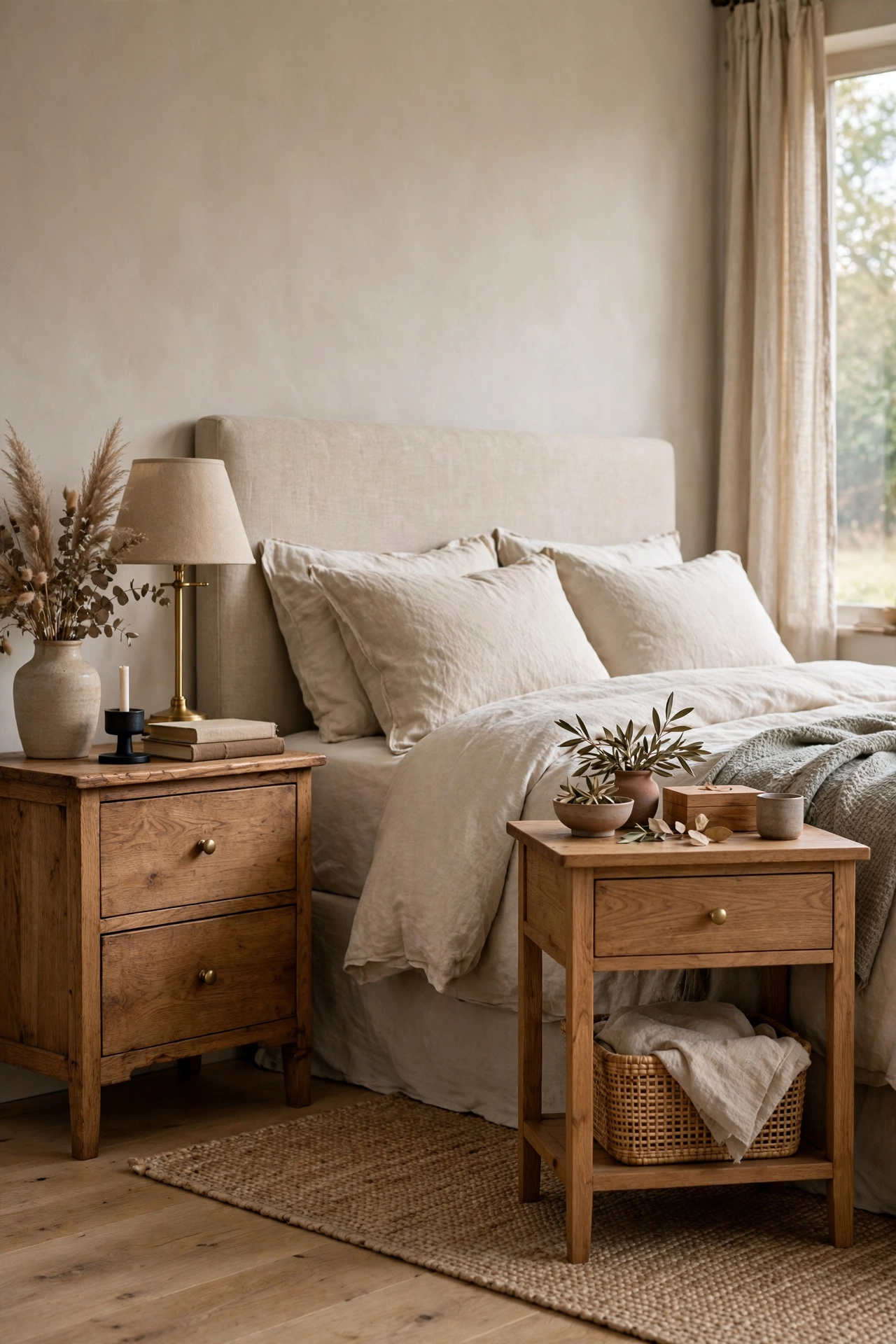 Mismatched wooden nightstands in warm oak tones beside a bed