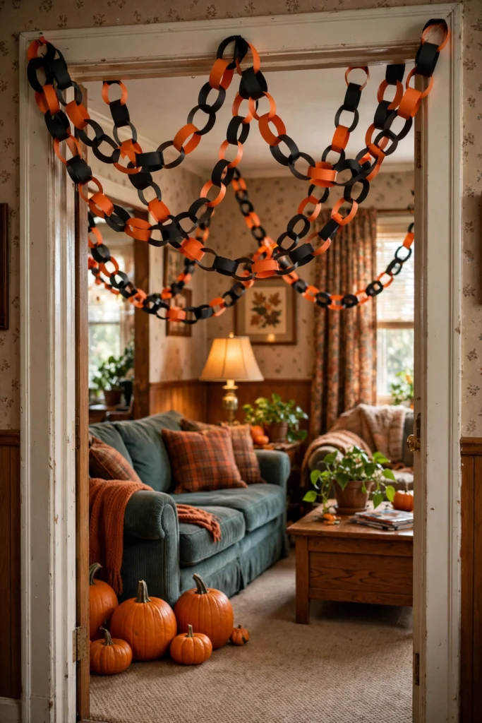 Black and orange paper chain garland swagged across a living room doorway