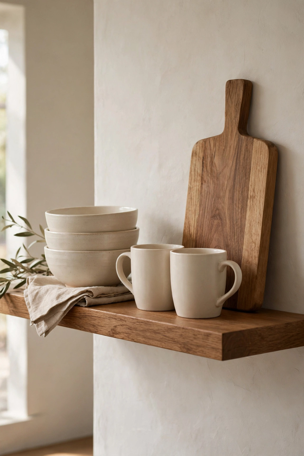 Open kitchen shelf styled with stacked bowls, grouped mugs and a wooden cutting board