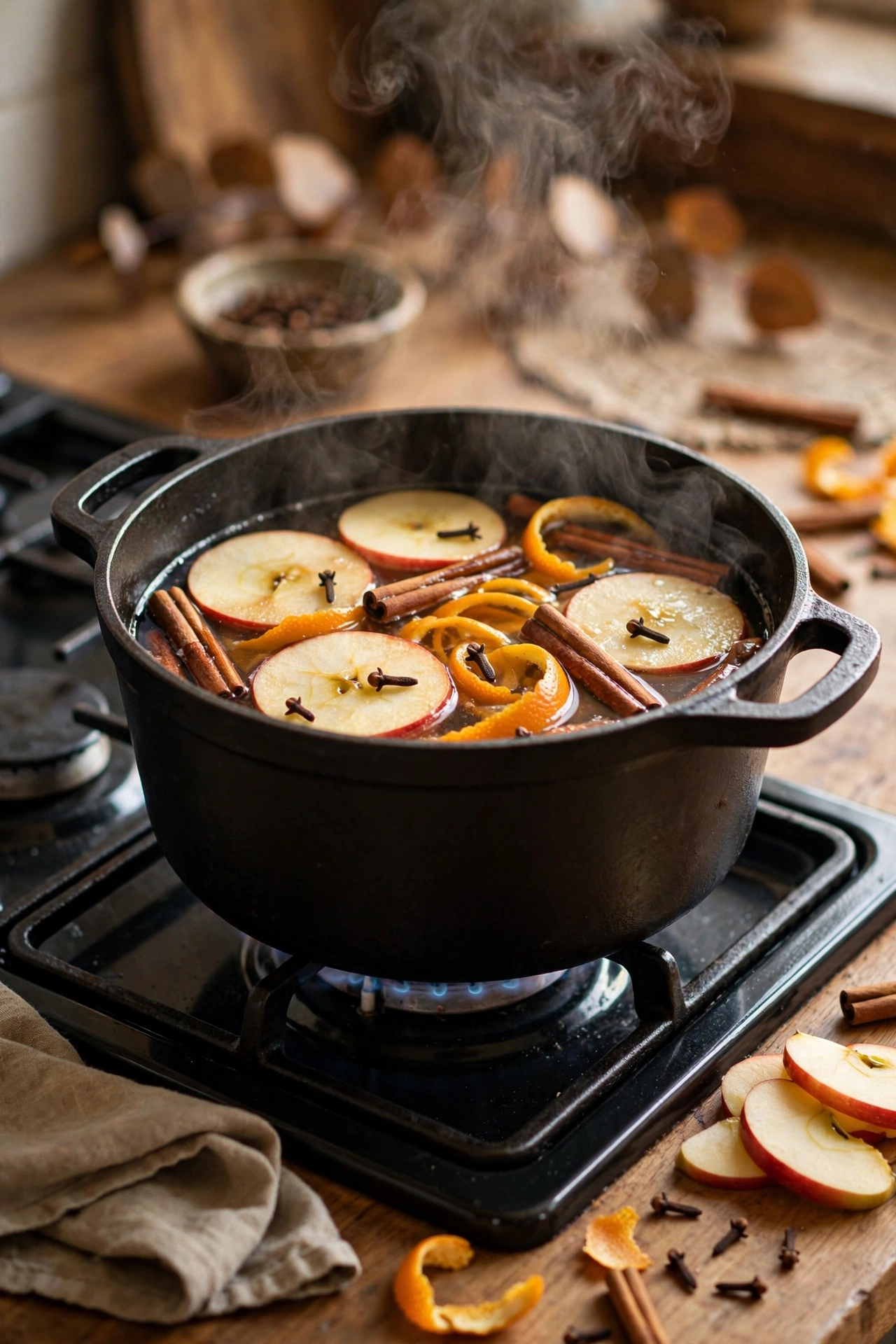 Simmer pot on a stove with apples, orange peel, cinnamon sticks and cloves