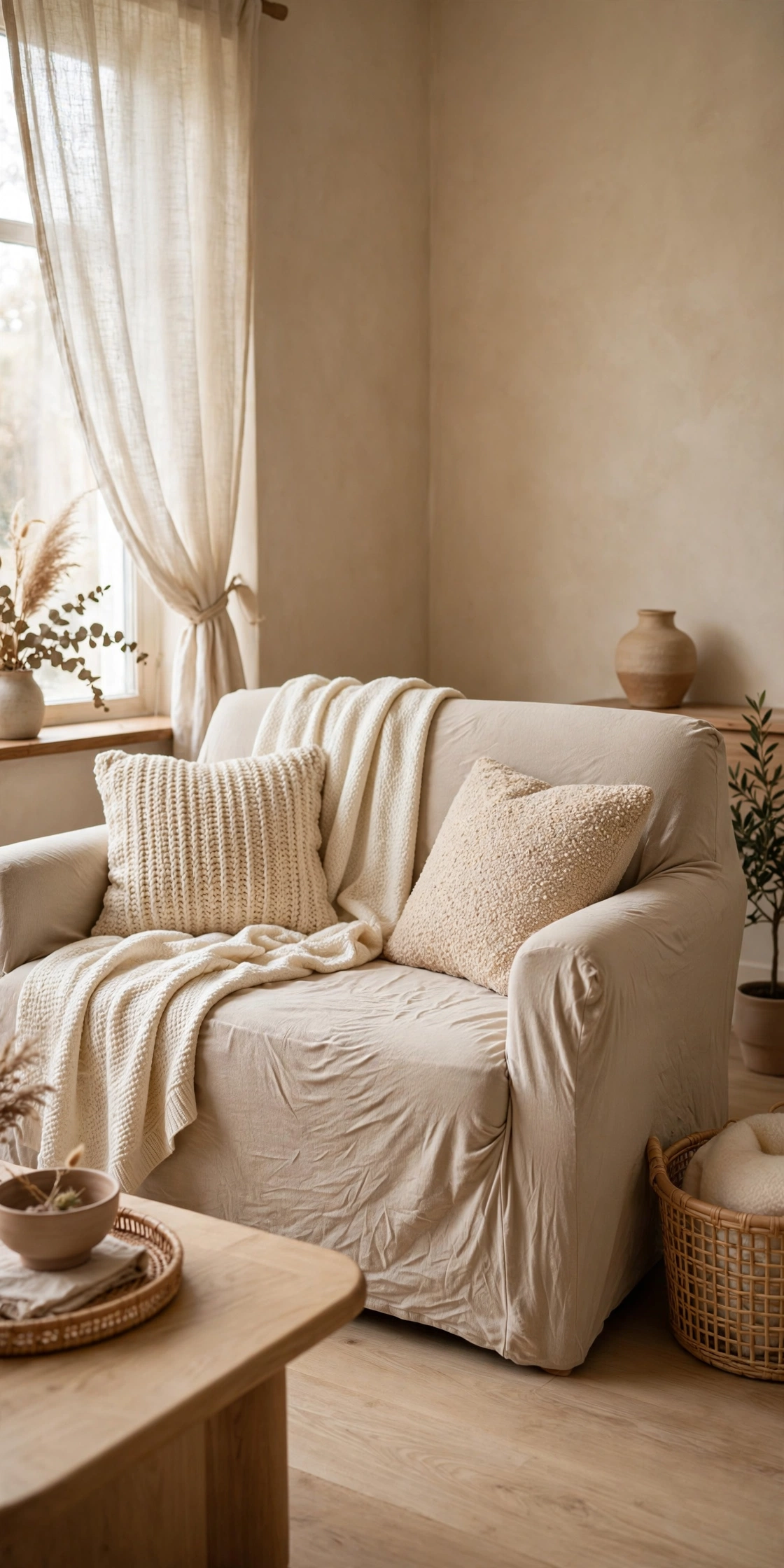 Secondhand loveseat with beige slipcover styled with throw blanket and cushions