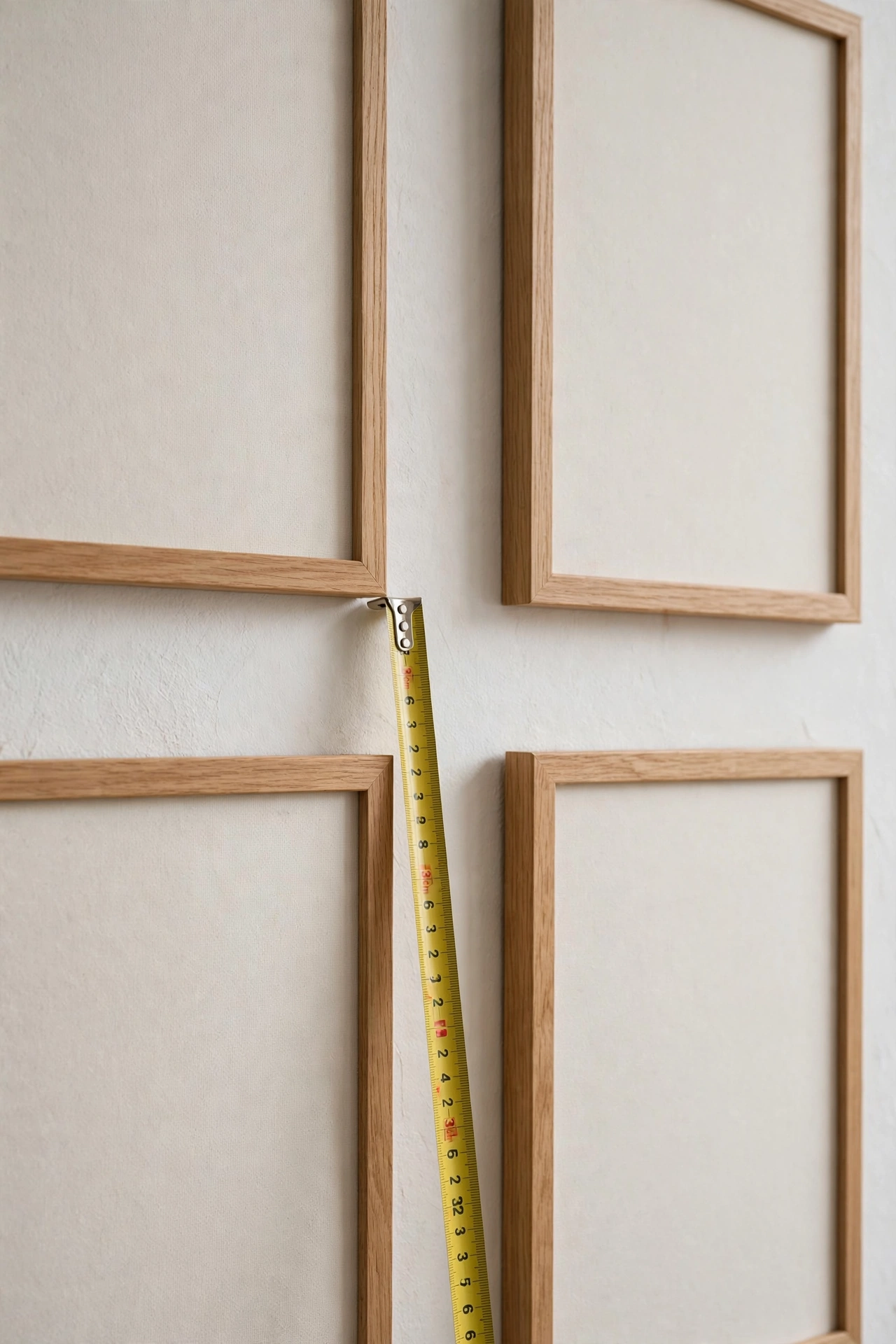 Close-up of gallery wall frames showing even consistent spacing measured with tape