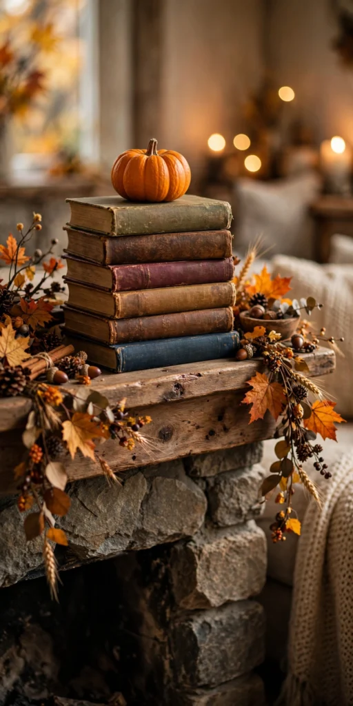 stack of vintage books topped with a small pumpkin on a styled fall mantel