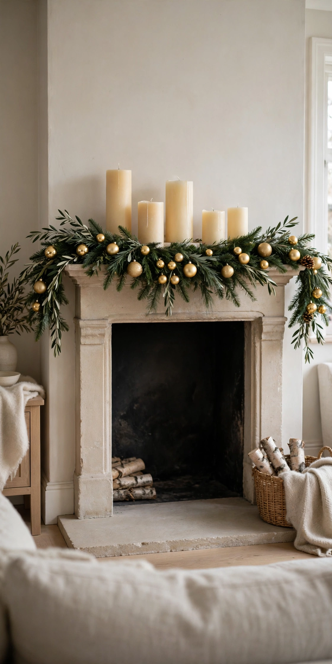 Christmas mantel with candles, evergreen garland and gold ornaments as the room statement