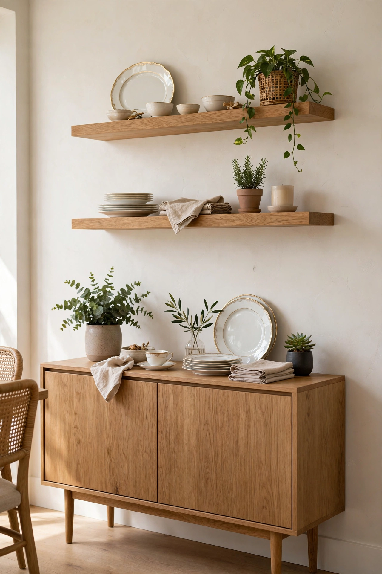 Slim 14-inch sideboard with floating oak shelves styled with dishes and plants above