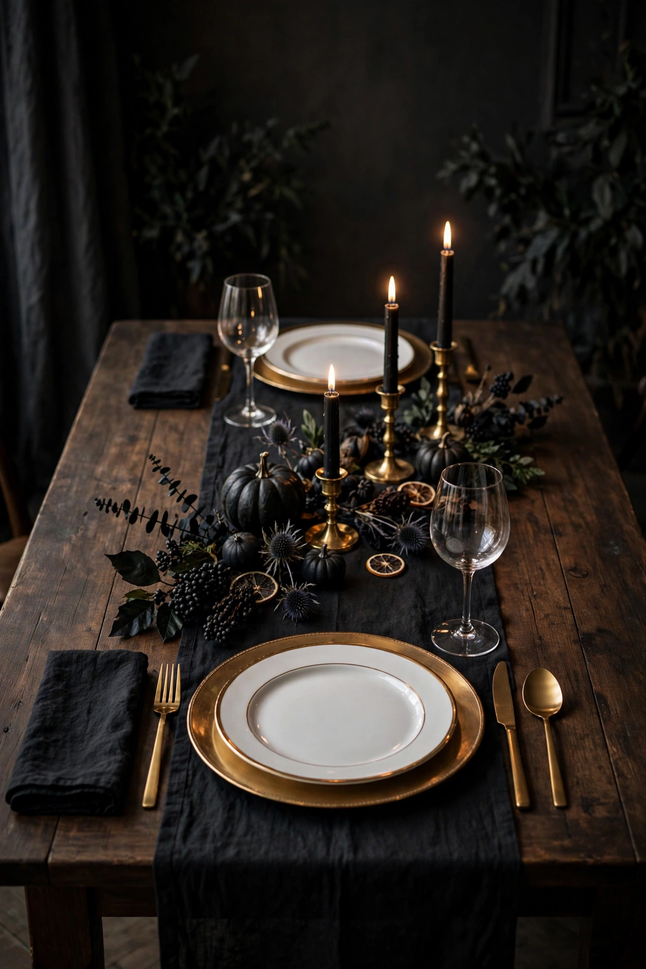 Black linen table runner on a dining table with gold-rimmed plates and brass candlesticks