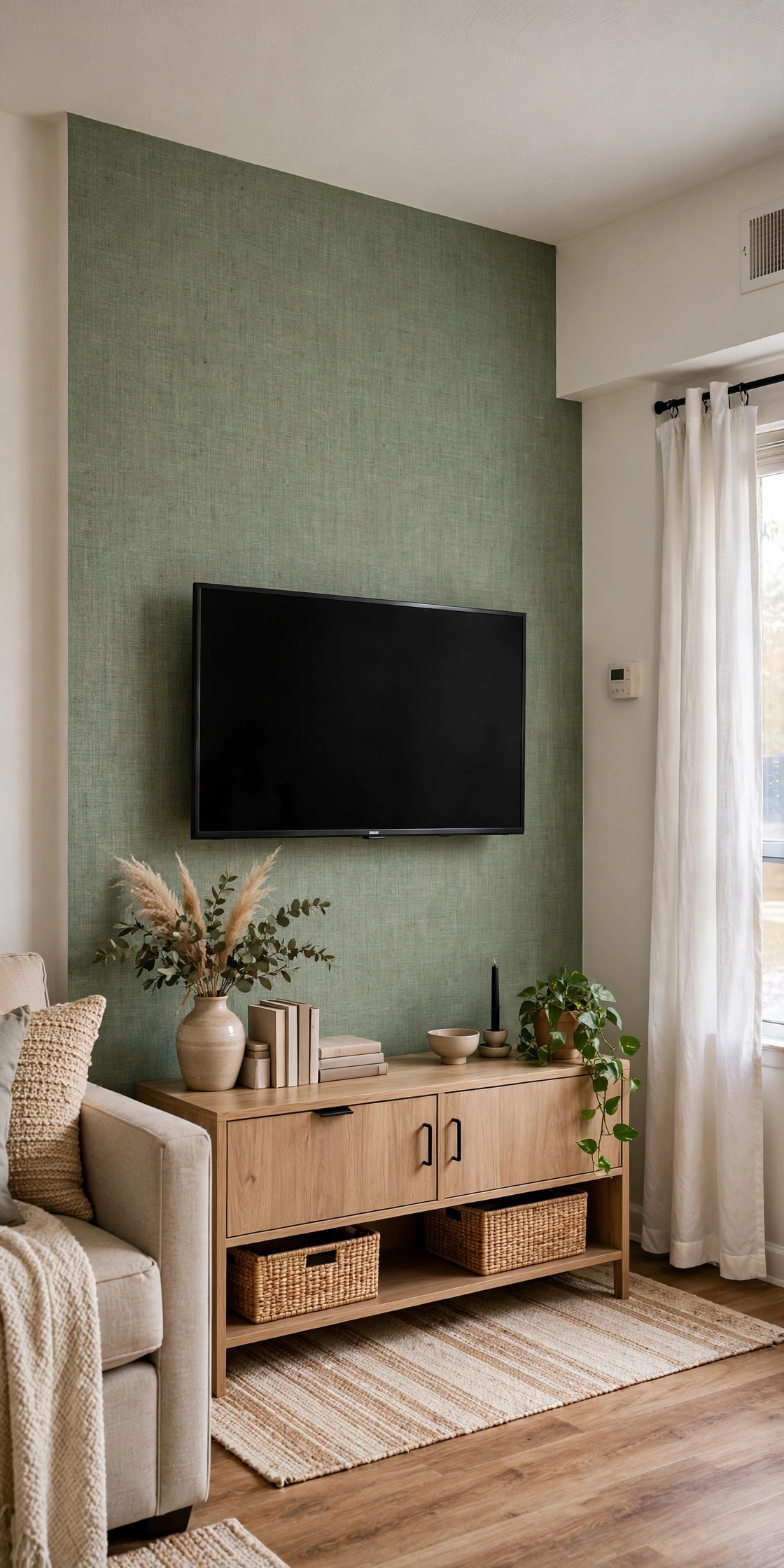 Sage green peel-and-stick grasscloth accent wall behind a TV console