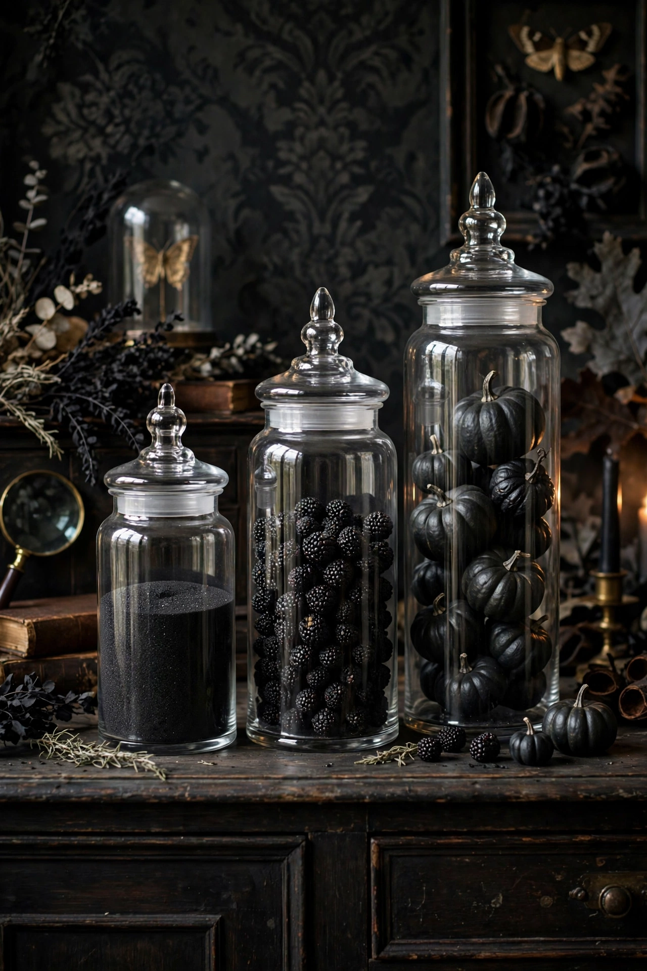 Glass apothecary jars filled with black sand, dried blackberries, and mini pumpkins on a sideboard