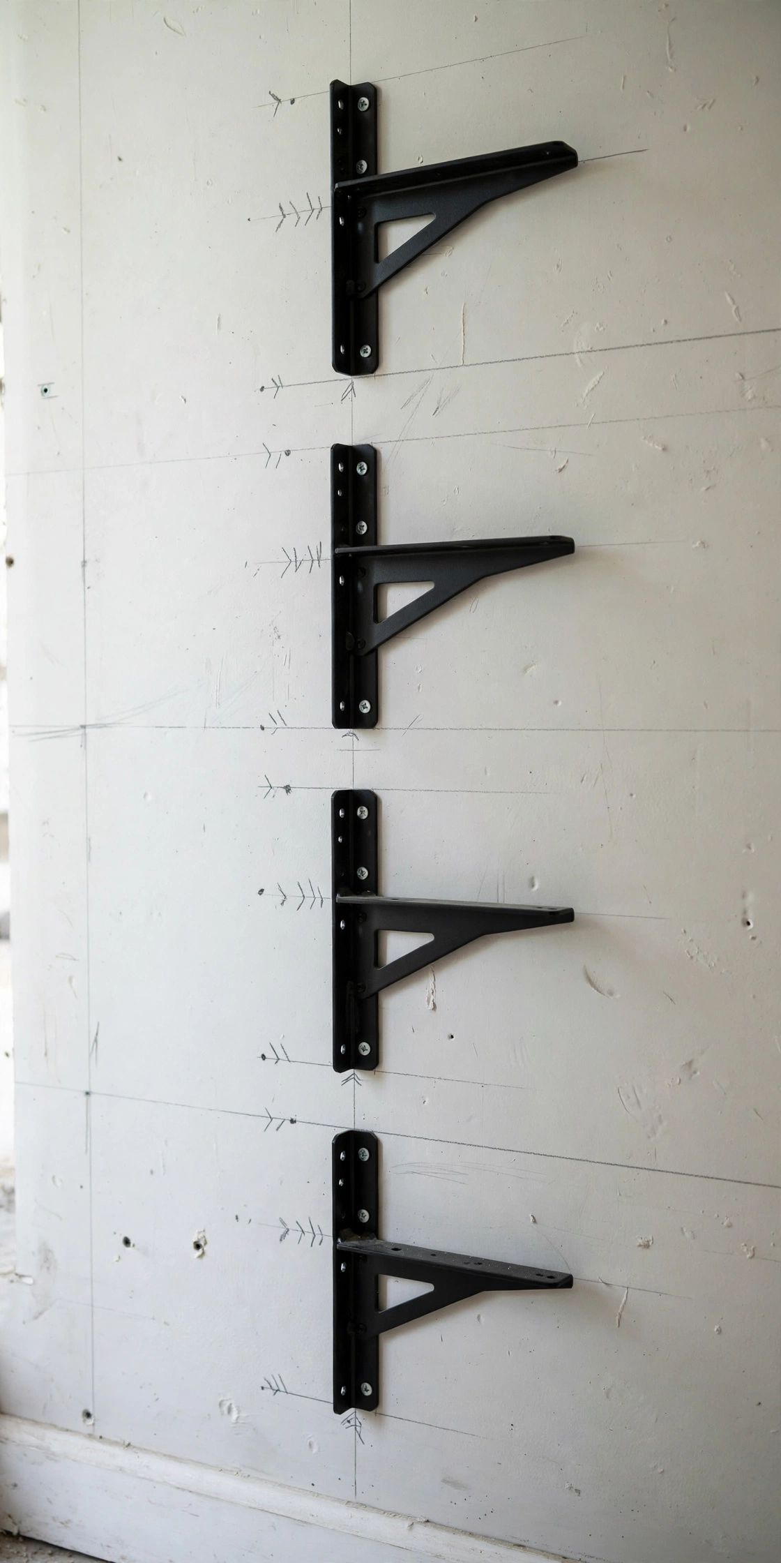 Black steel L-brackets screwed into wall studs at marked positions