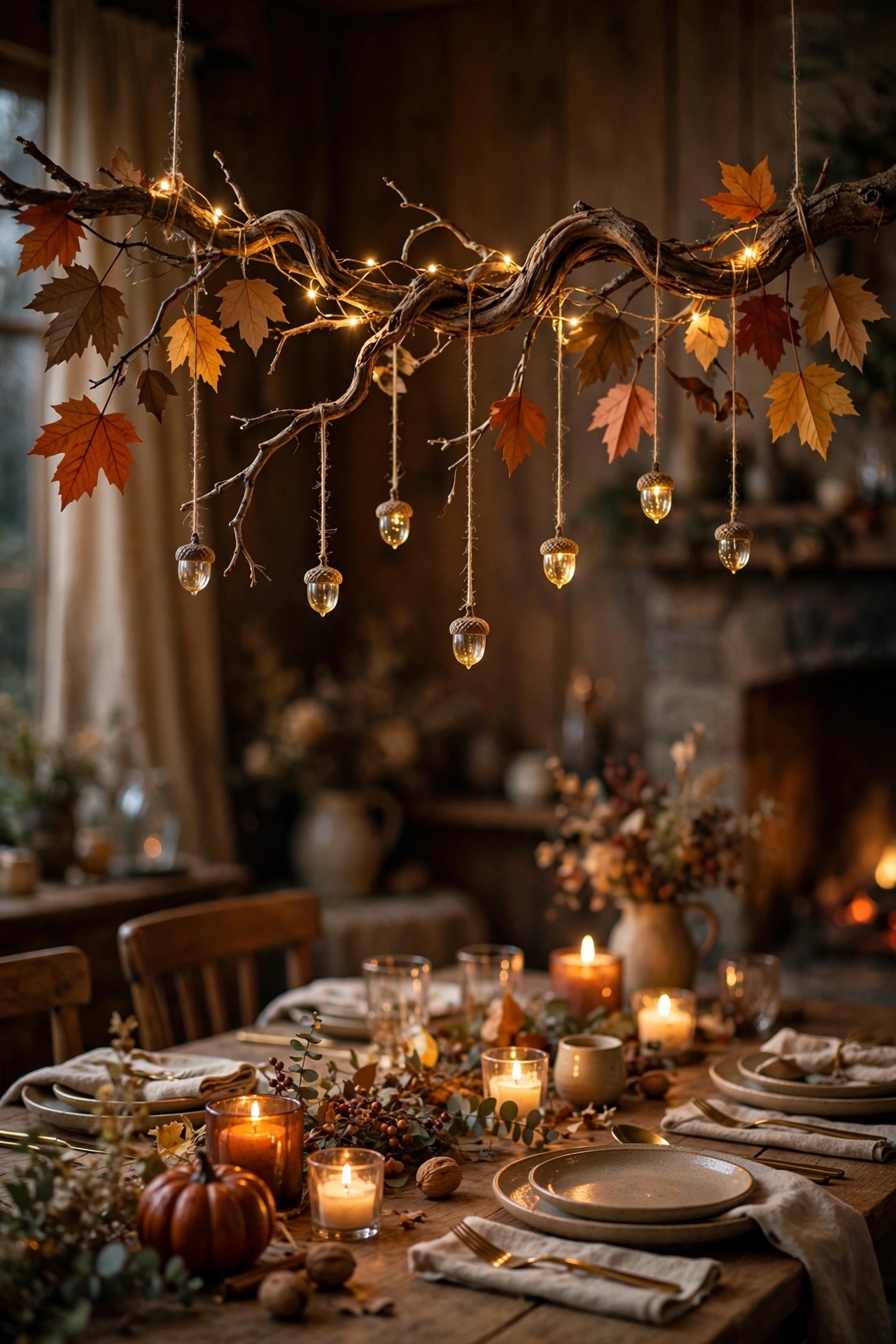 twisted branch suspended over a dining table with fairy lights and hanging paper leaves